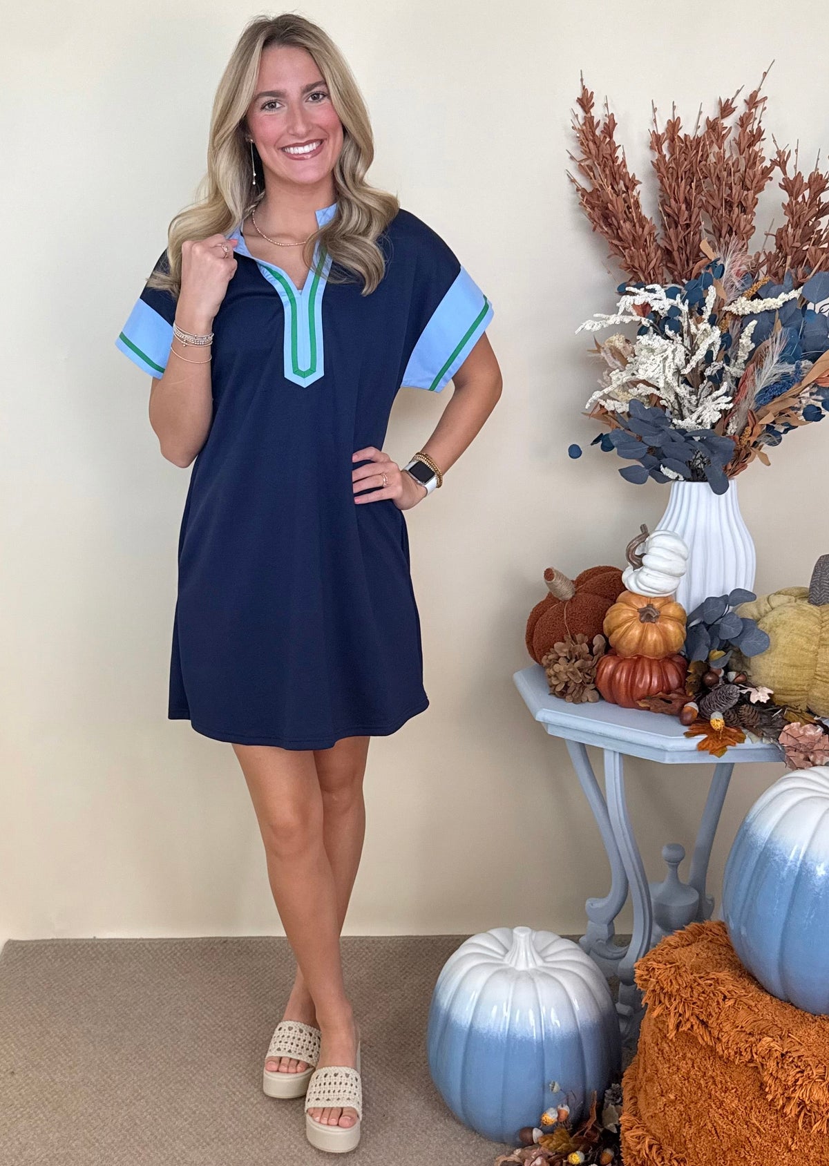 Classy Moment Navy Contrast V-Neck Shift Dress-Shop-Womens-Boutique-Clothing