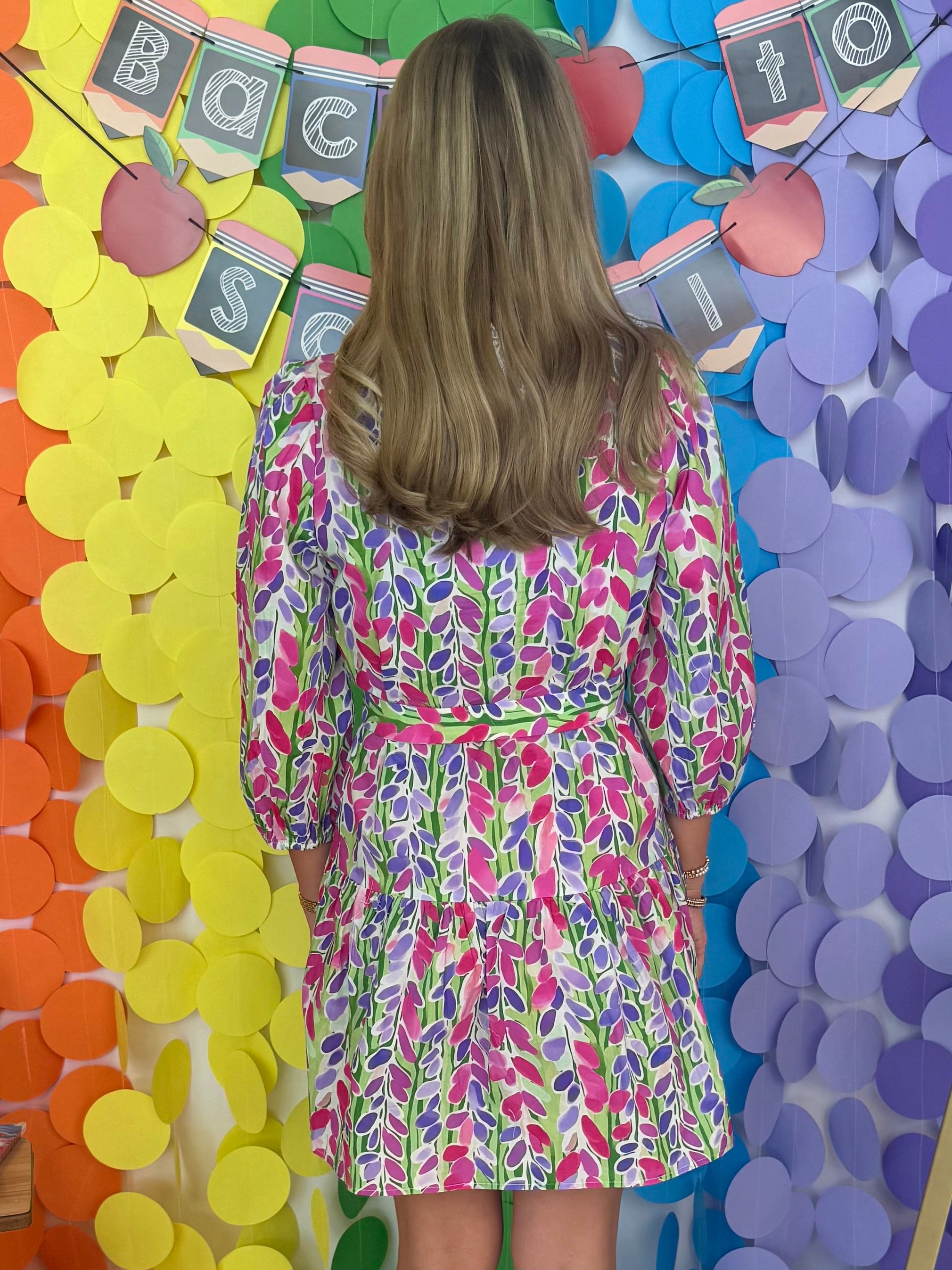 Sweet Talk Green and Pink Botanical Ruffle Neck Belted Dress-Shop-Womens-Boutique-Clothing
