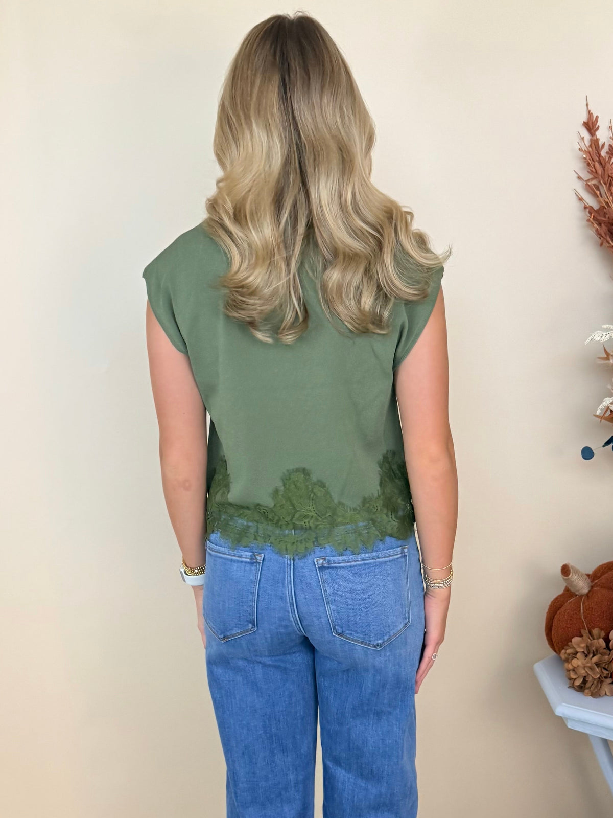 Boho Bliss Olive Lace Trim Sleeveless Sweater-Shop-Womens-Boutique-Clothing