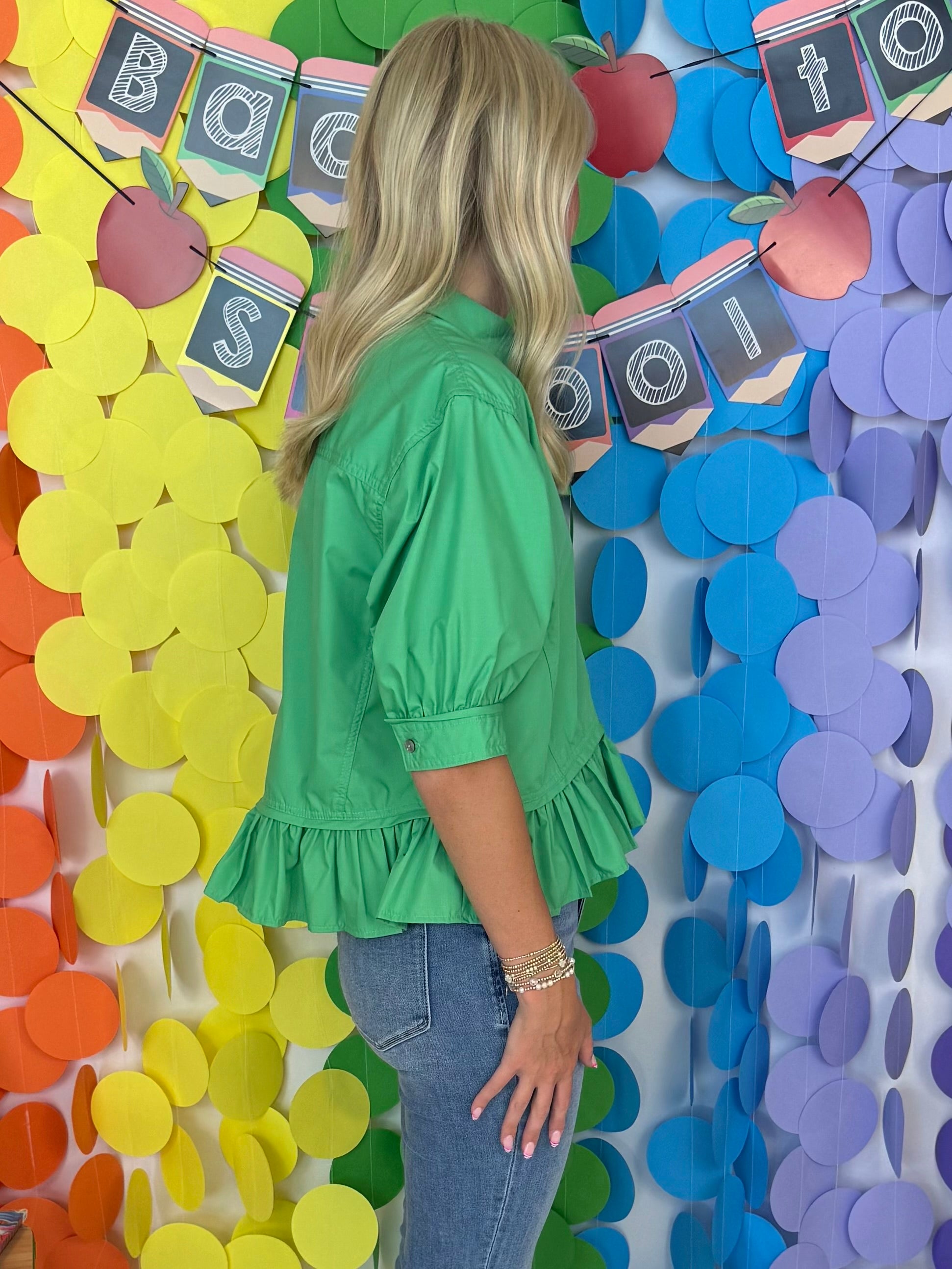 Couldn't Resist Green Button Down Ruffle Top-Shop-Womens-Boutique-Clothing