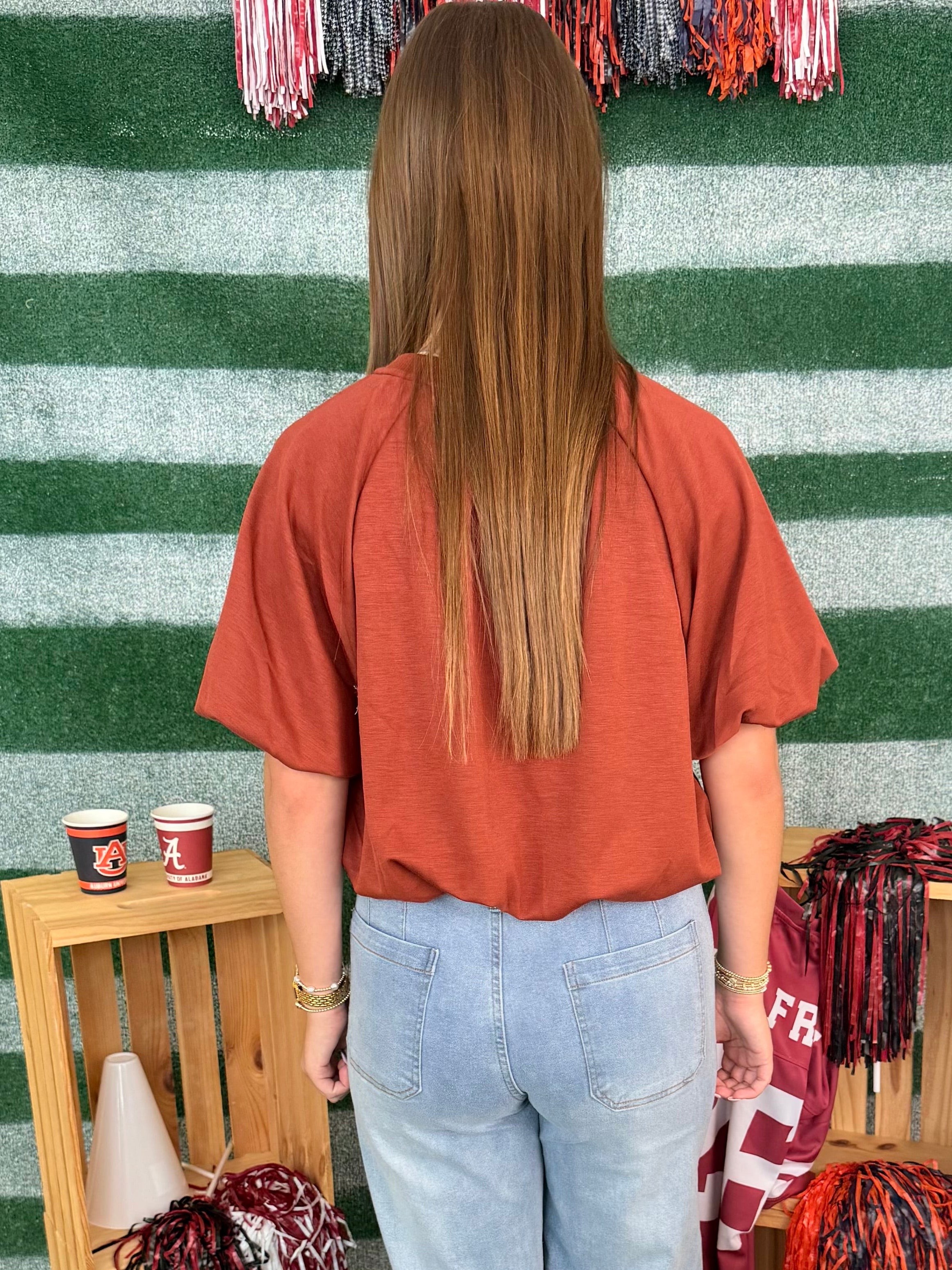 Bonfire Nights Rust Short Sleeve Bubble Top-Shop-Womens-Boutique-Clothing