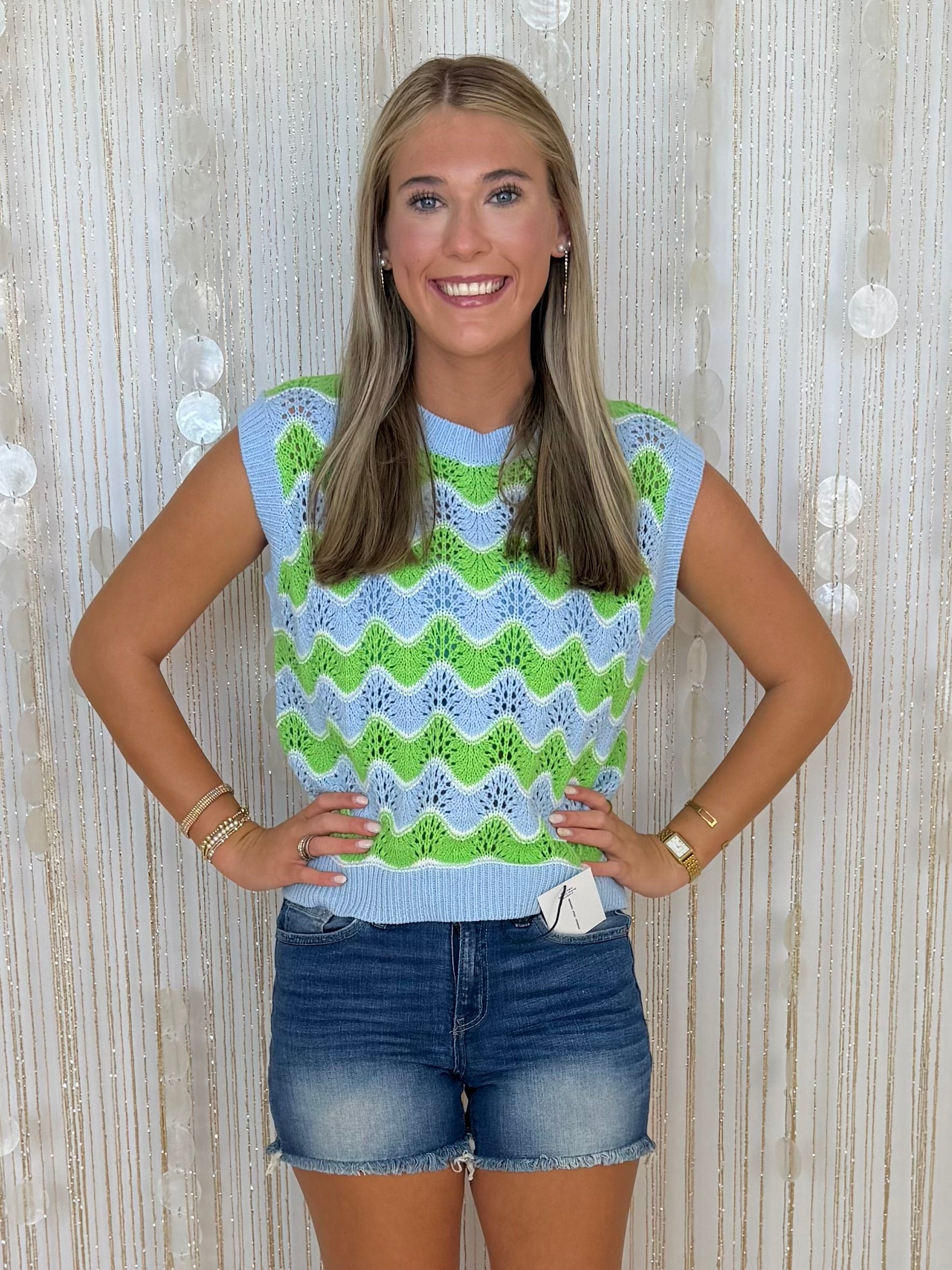 Blissfully Perfect Blue/Green Wavy Sleeveless Sweater-Shop-Womens-Boutique-Clothing