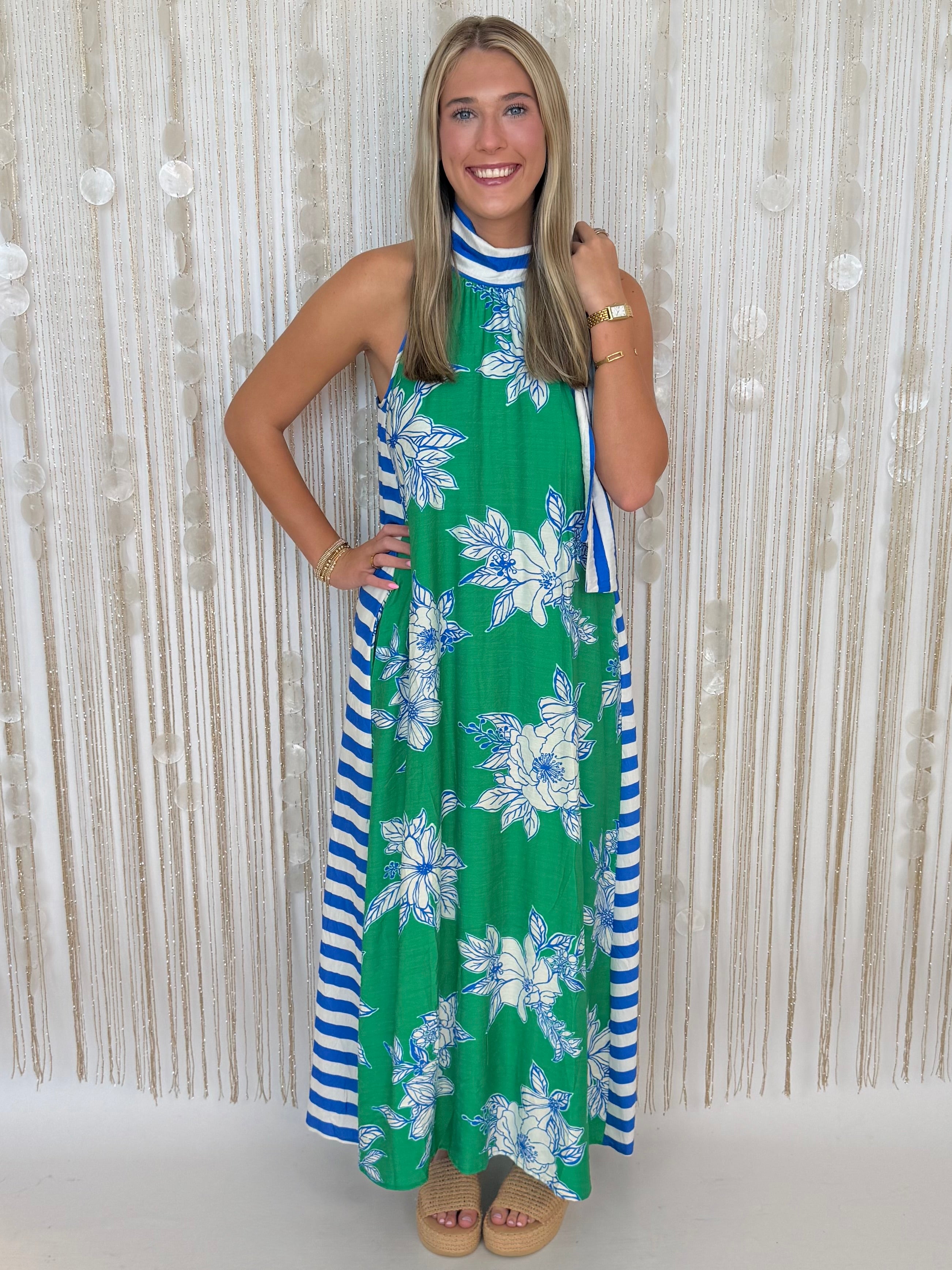 Evening Ease Green Botanical Stripe Tie Neck Midi Dress-Shop-Womens-Boutique-Clothing