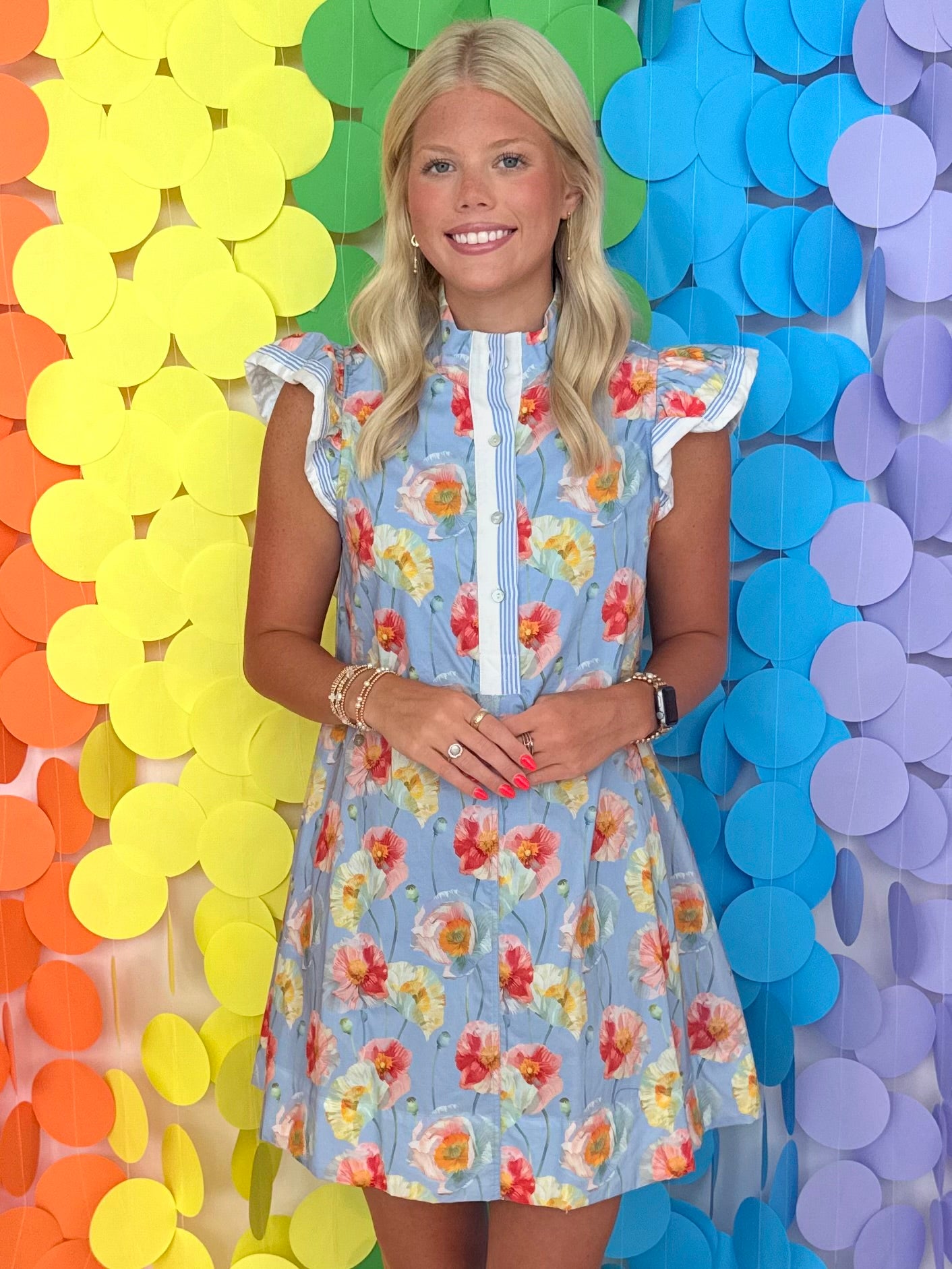 Easy Wearing Blue Floral Contrast Stripe Dress-Shop-Womens-Boutique-Clothing