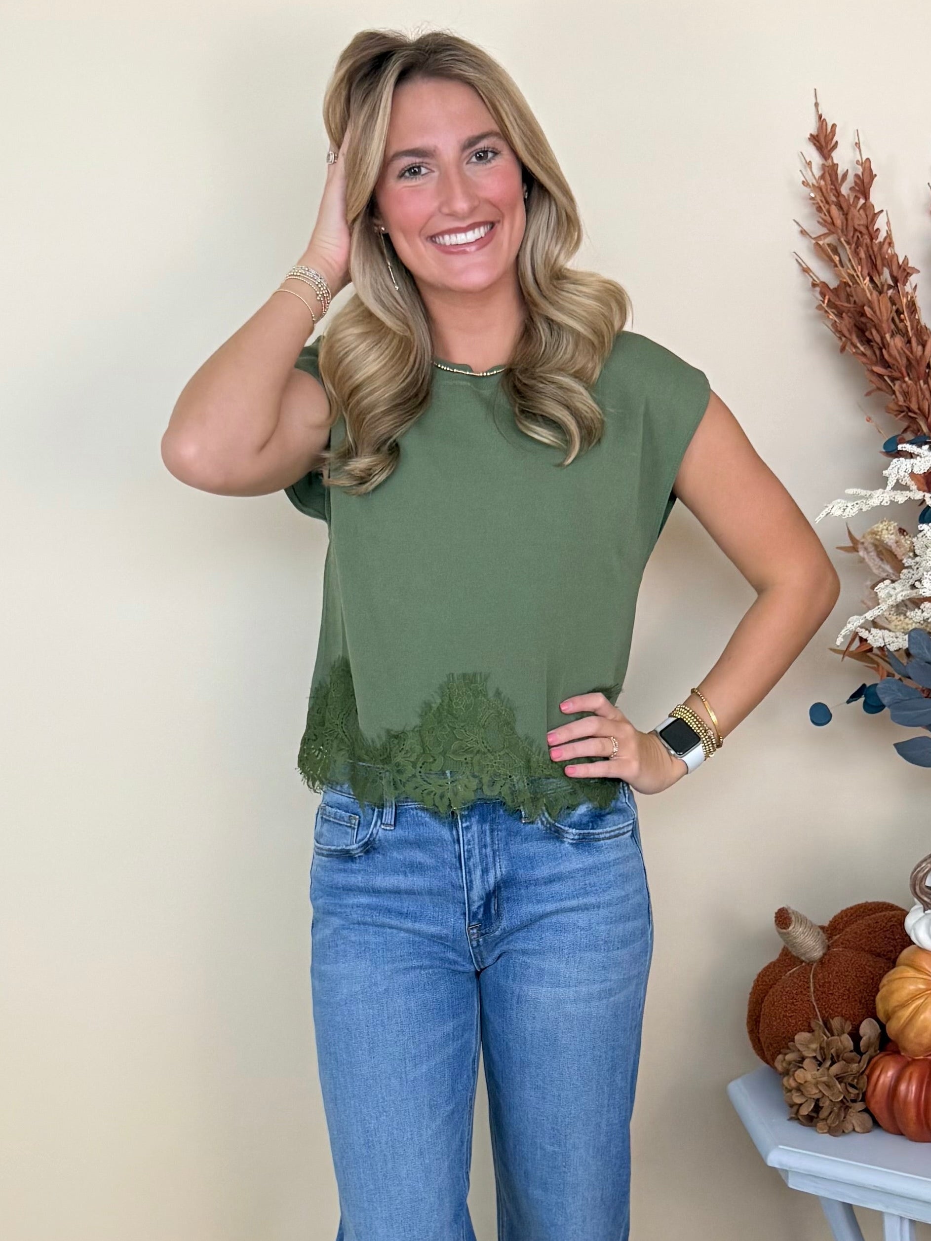 Boho Bliss Olive Lace Trim Sleeveless Sweater-Shop-Womens-Boutique-Clothing