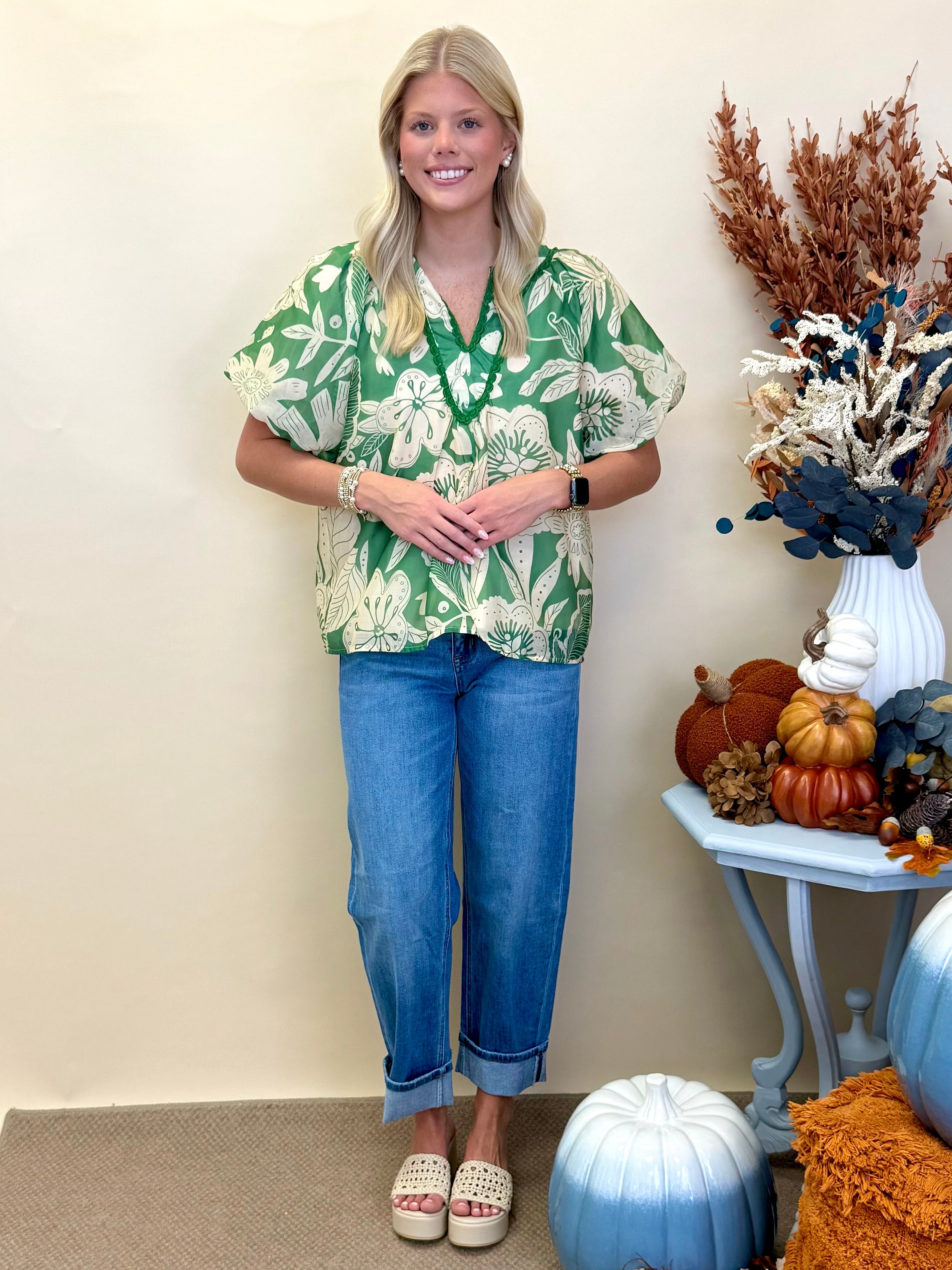 So Freeing Green Floral Contrast Detail Top-Shop-Womens-Boutique-Clothing