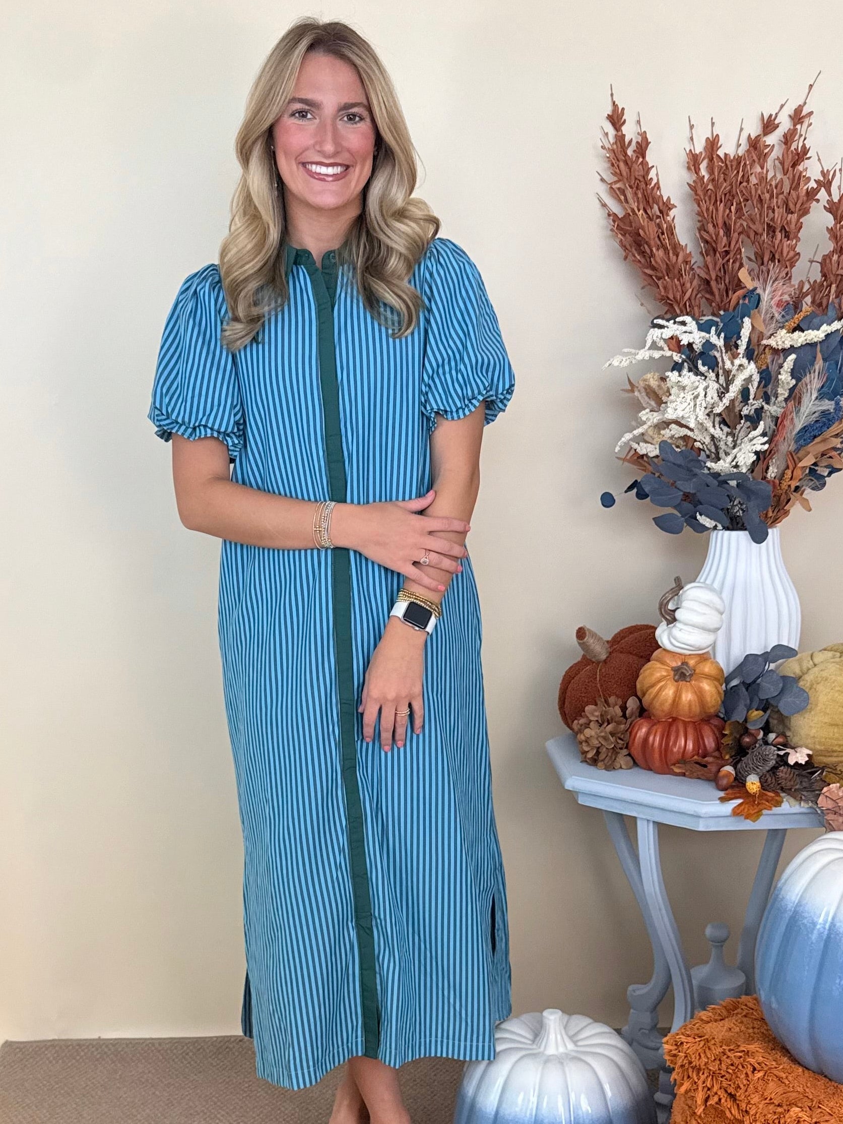 Autumn Strolls H Green Striped Midi Dress-Shop-Womens-Boutique-Clothing