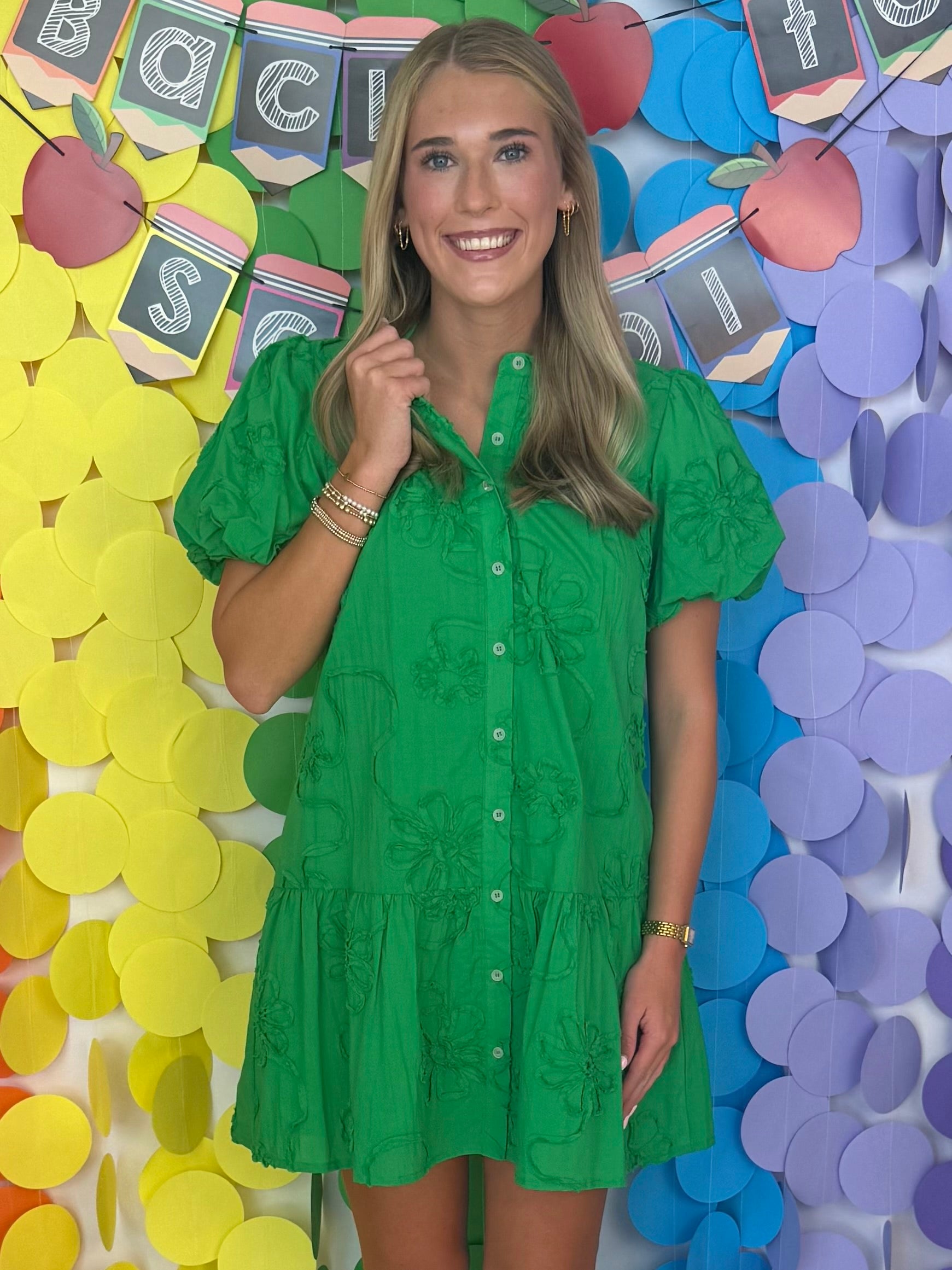 Dockside Kelly Green Embroidery Detail Button Front Dress-Shop-Womens-Boutique-Clothing
