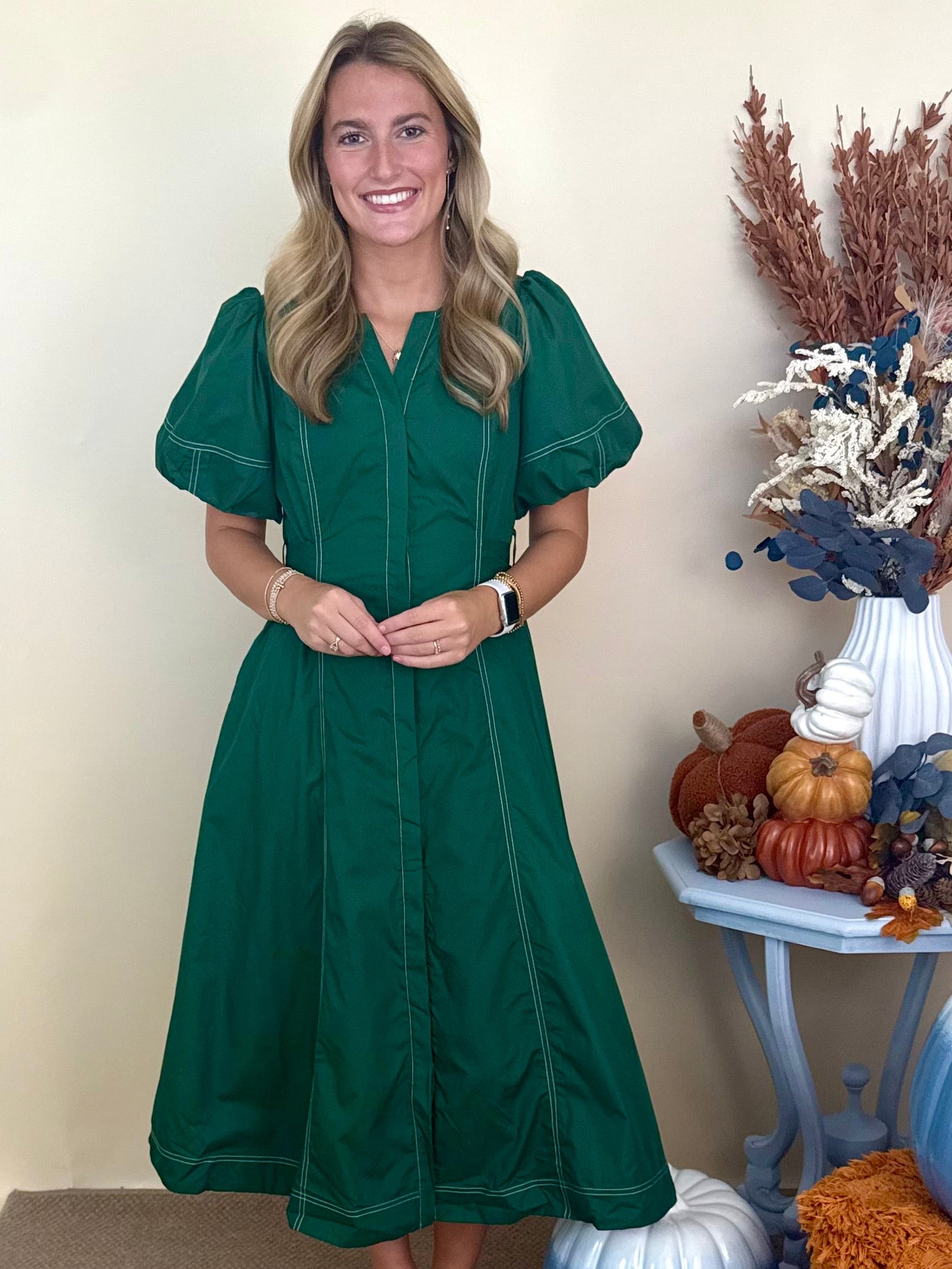 Copper Leaves H Green Stitch Puff Sleeve Midi Dress-Shop-Womens-Boutique-Clothing
