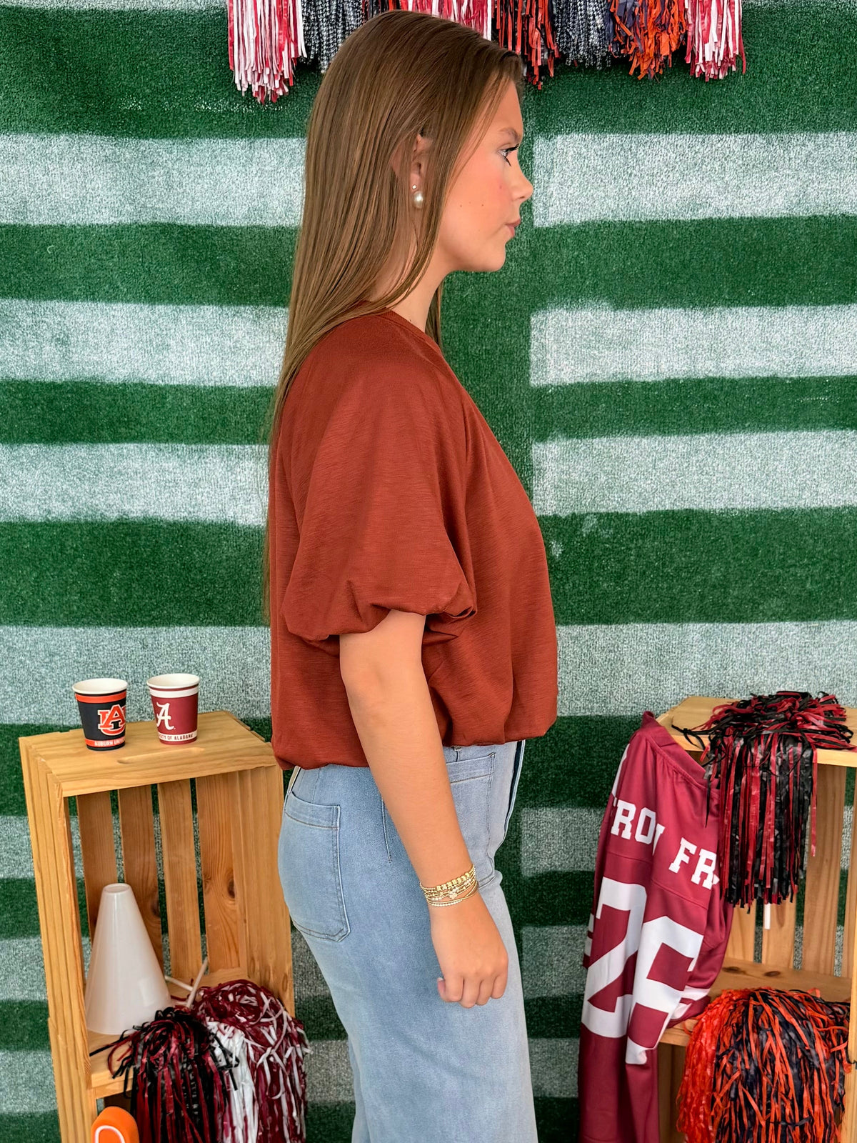 Bonfire Nights Rust Short Sleeve Bubble Top-Shop-Womens-Boutique-Clothing