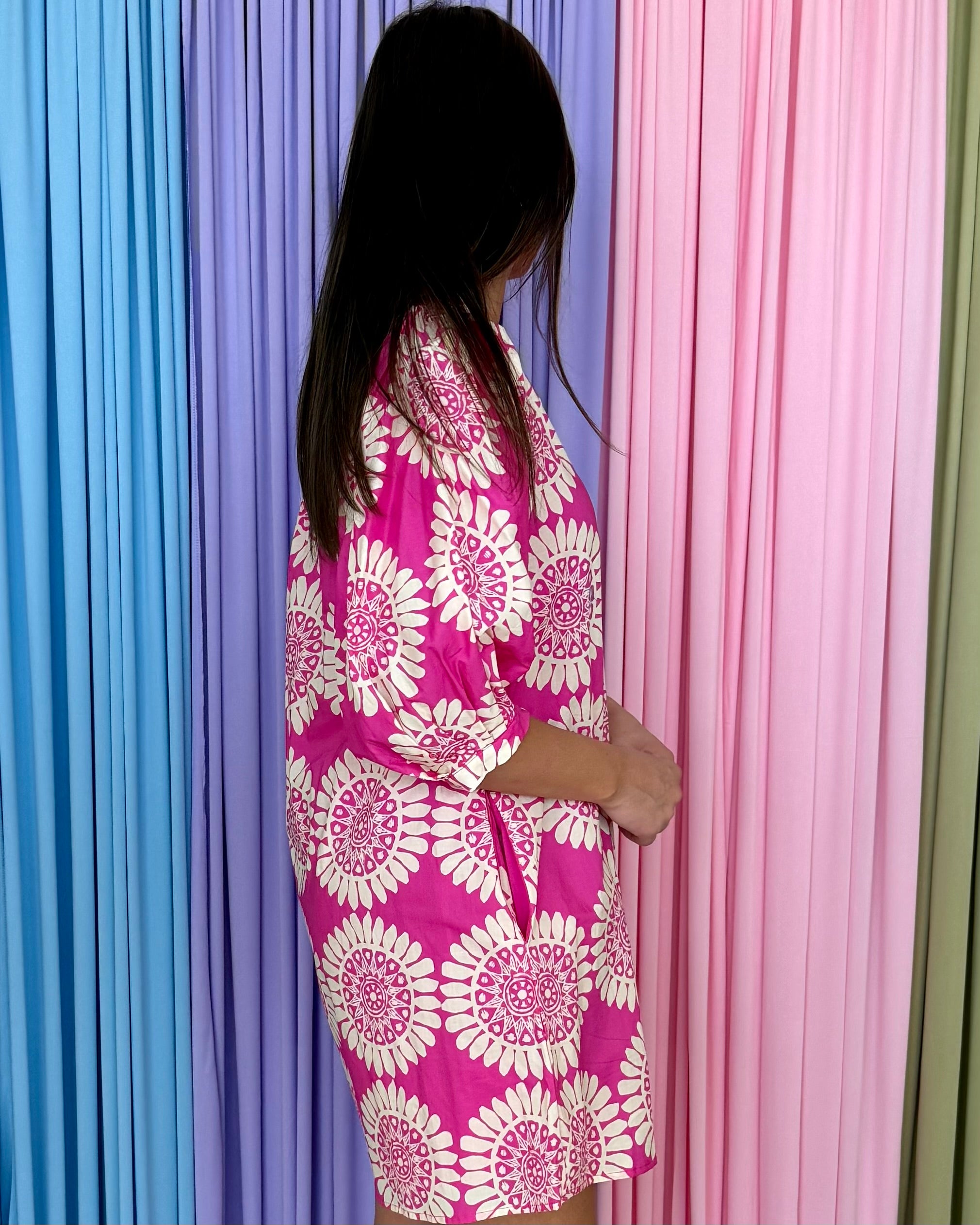 Sweet Serenity Hot Pink Geometric V Neck Dress-Shop-Womens-Boutique-Clothing