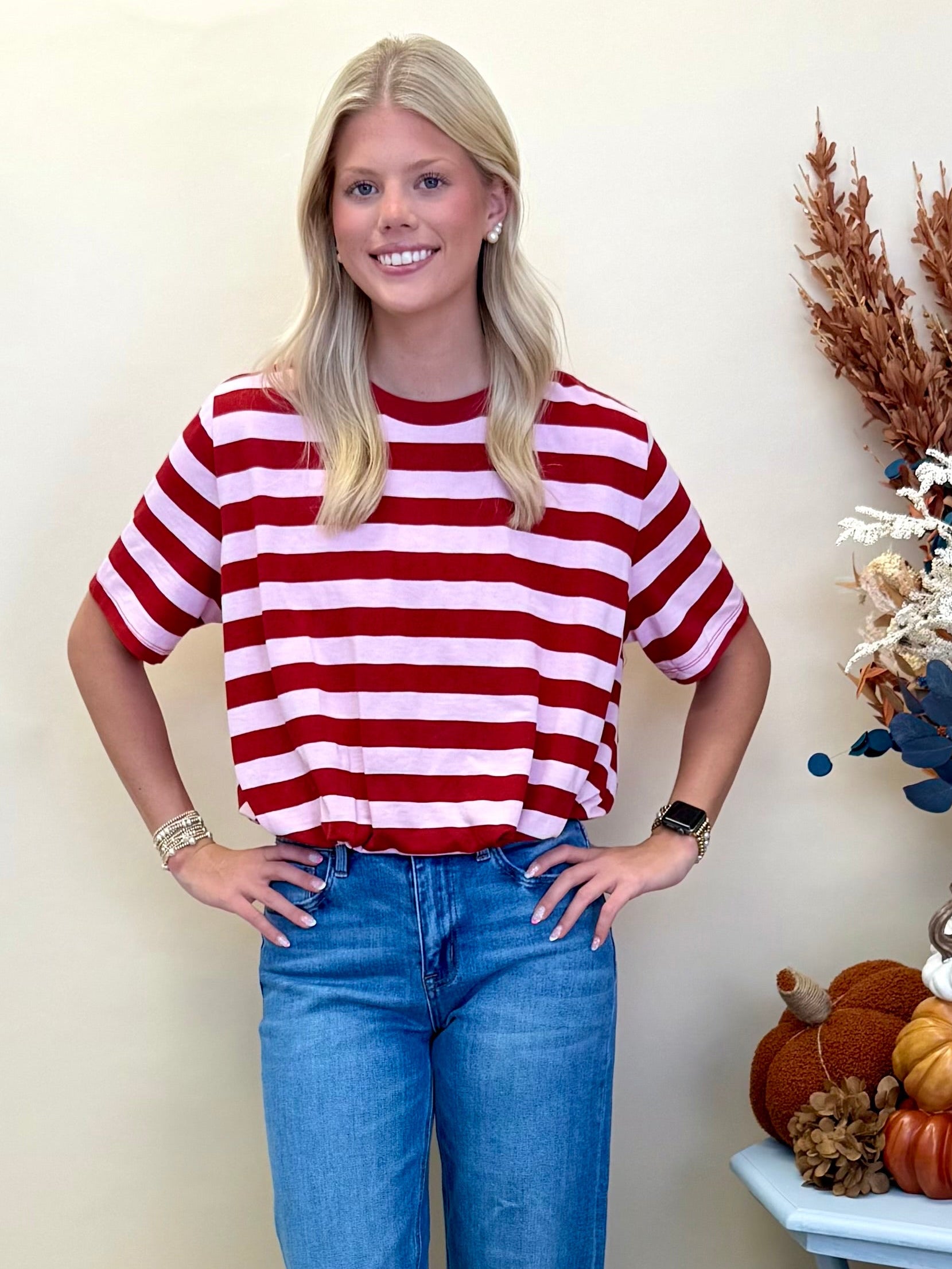 Never Left Red/Pink Striped Cropped Bubble Top-Shop-Womens-Boutique-Clothing