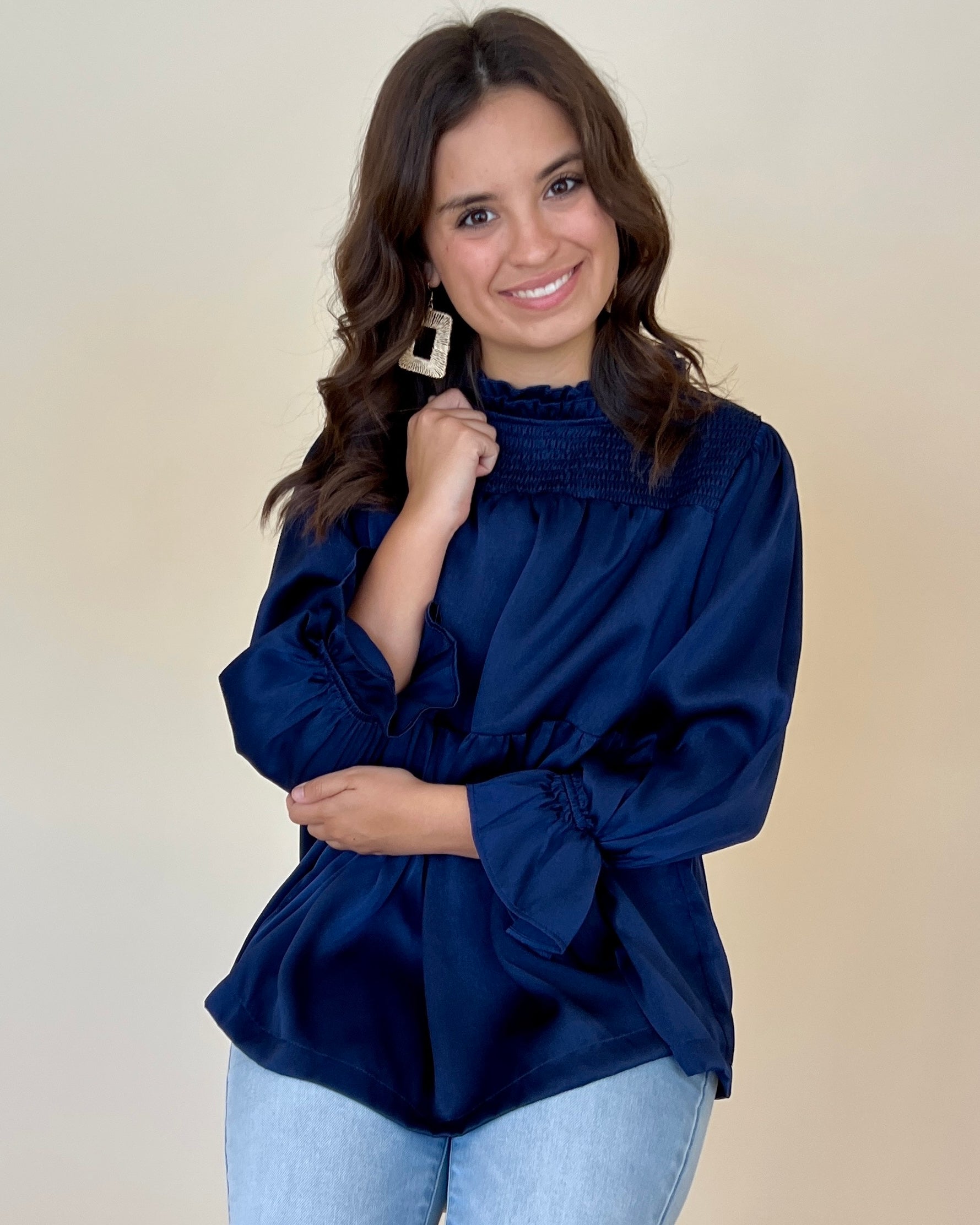 With Me Navy Satin Smocked Top-Shop-Womens-Boutique-Clothing