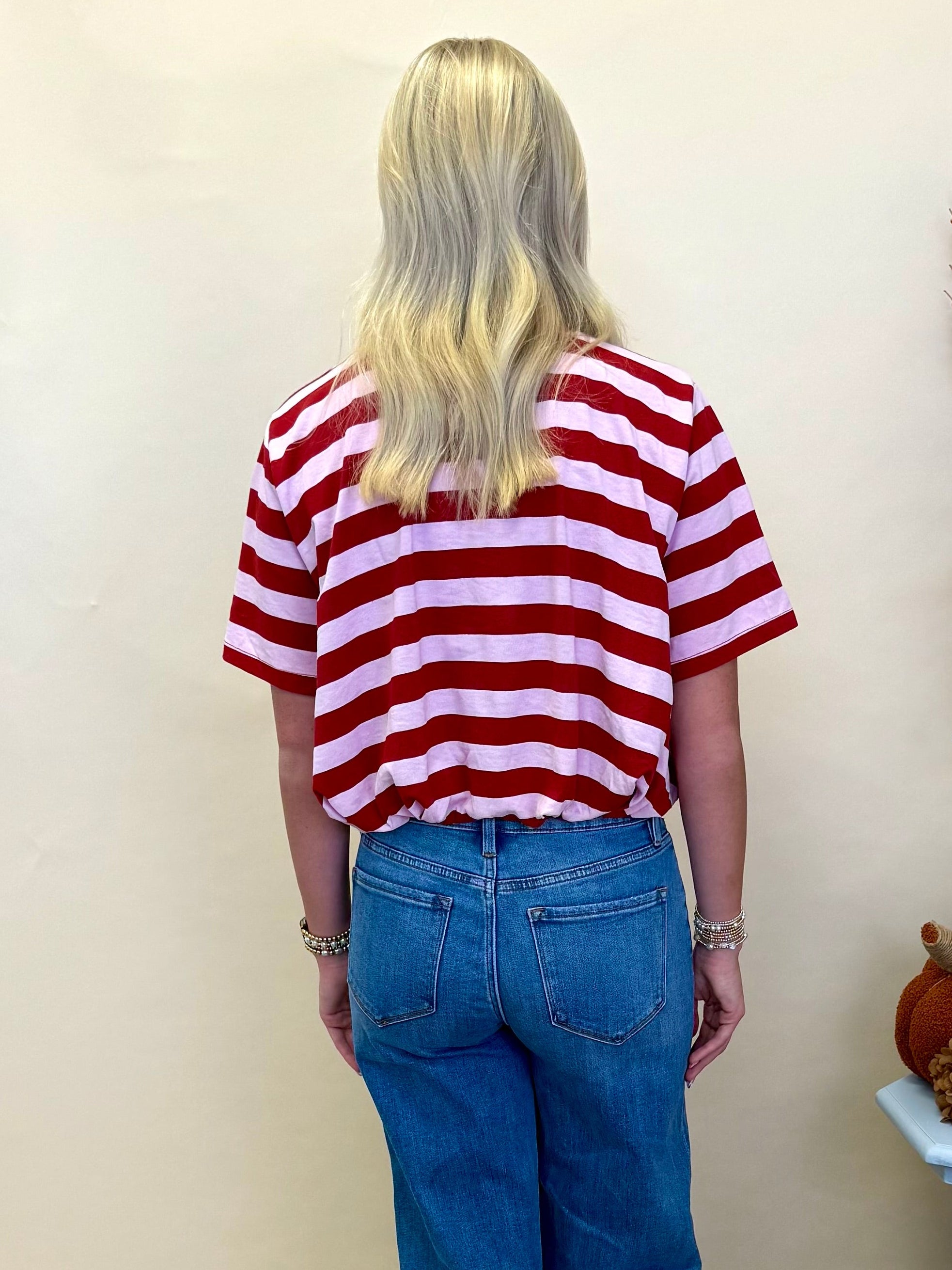 Never Left Red/Pink Striped Cropped Bubble Top-Shop-Womens-Boutique-Clothing