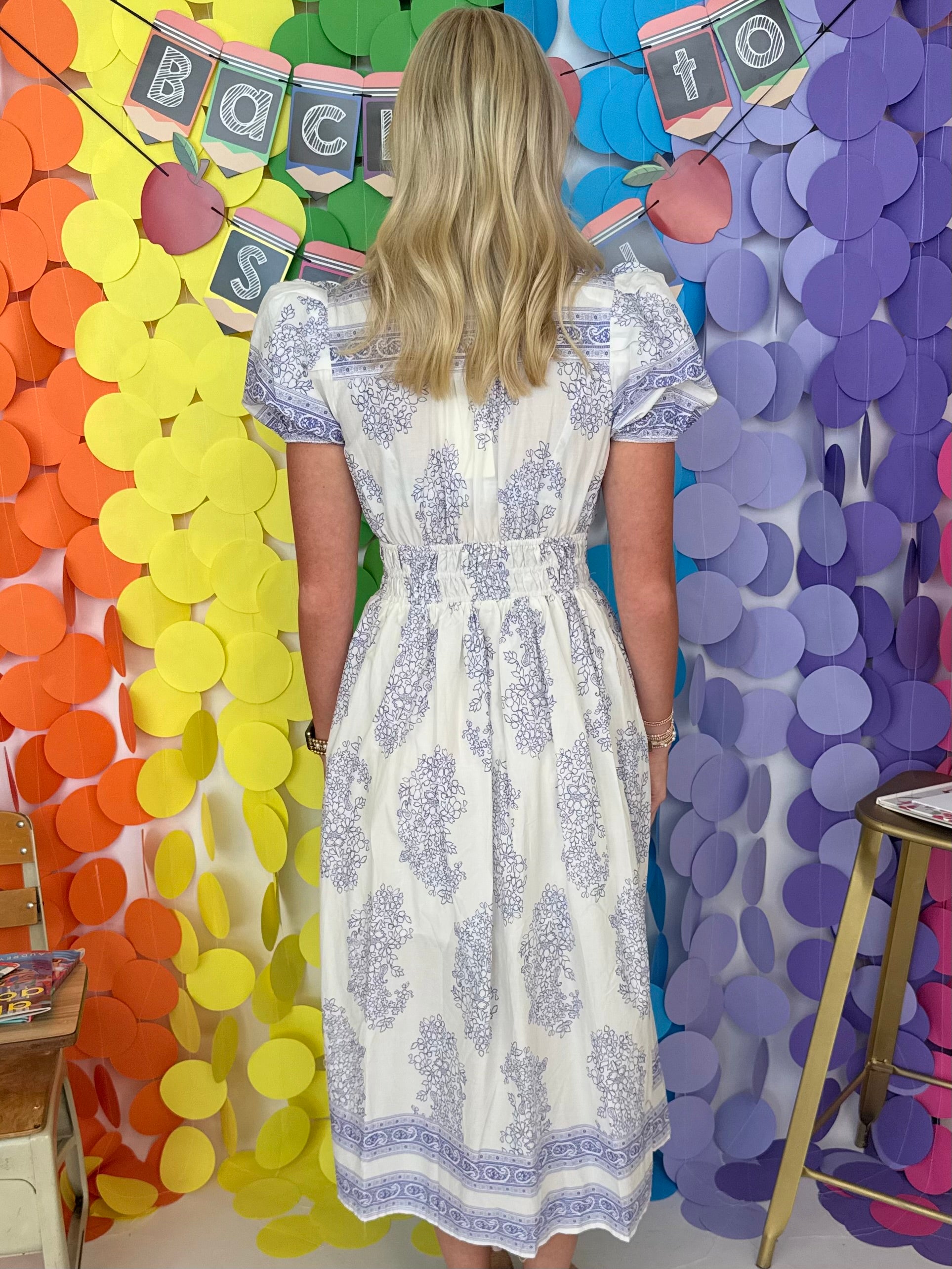 Sweetest Occasion Blue Botanical Puff Sleeve Midi Dress-Shop-Womens-Boutique-Clothing