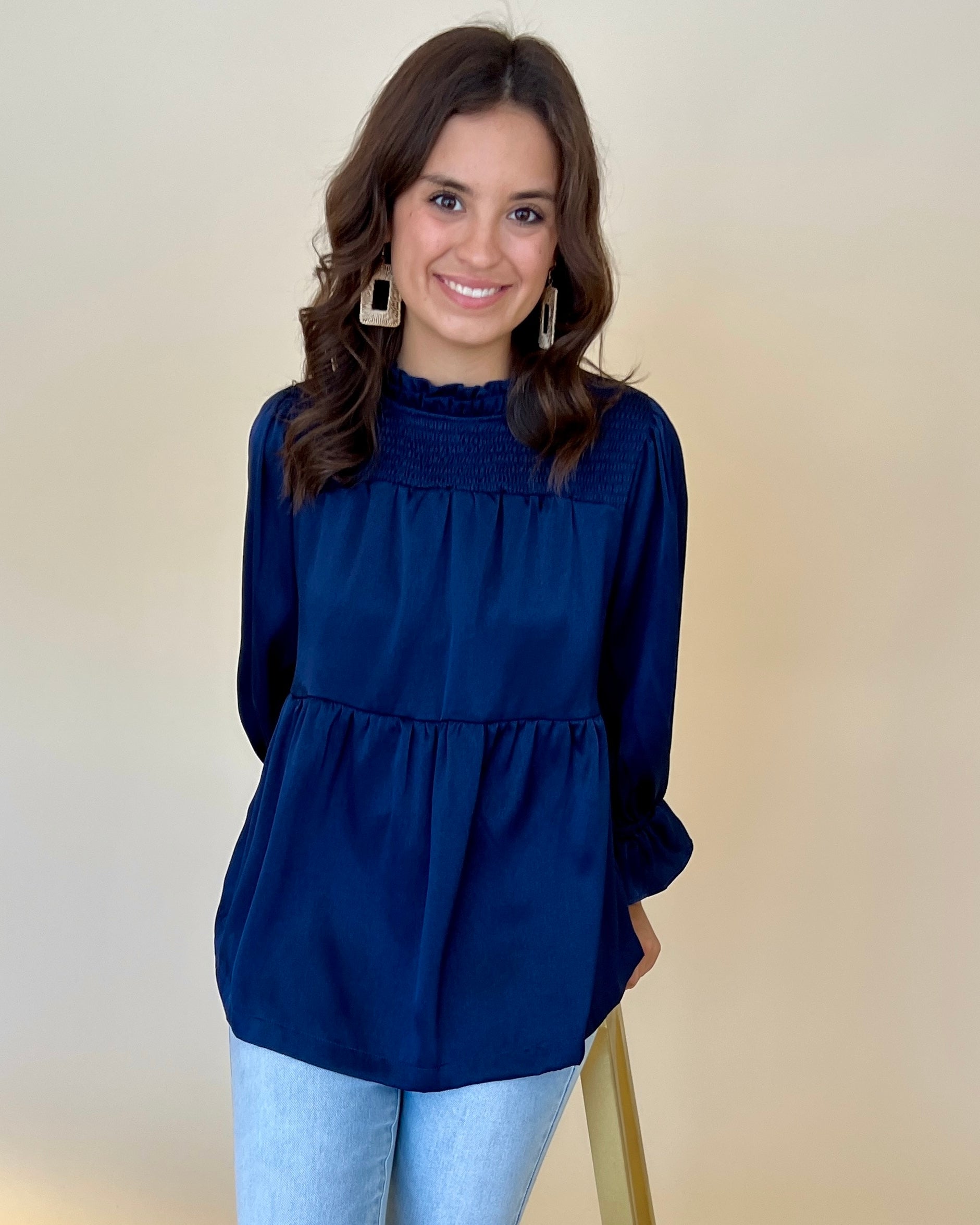 With Me Navy Satin Smocked Top-Shop-Womens-Boutique-Clothing