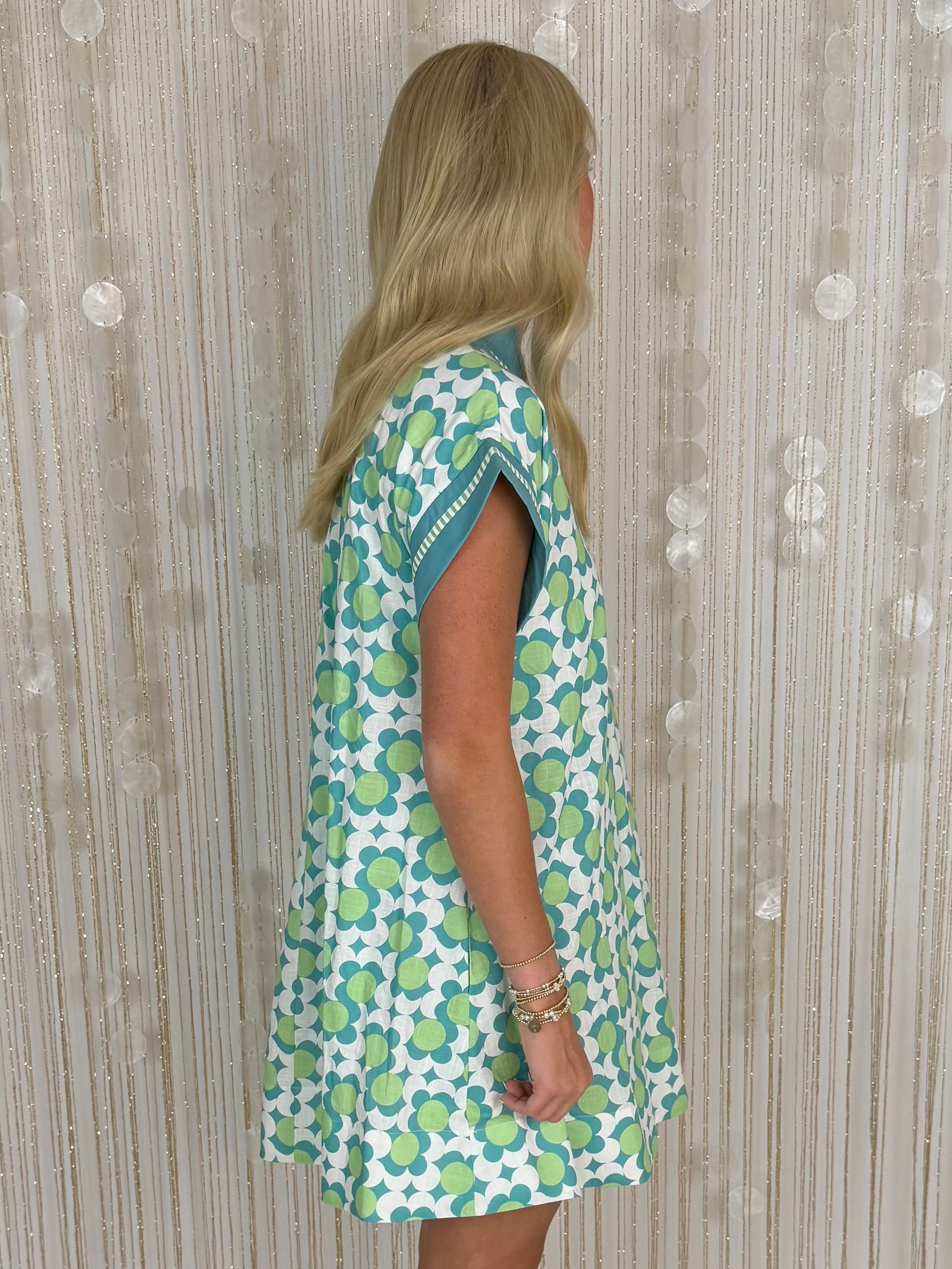 Lovely Horizon Light Slate Print V Neck Dress-Shop-Womens-Boutique-Clothing