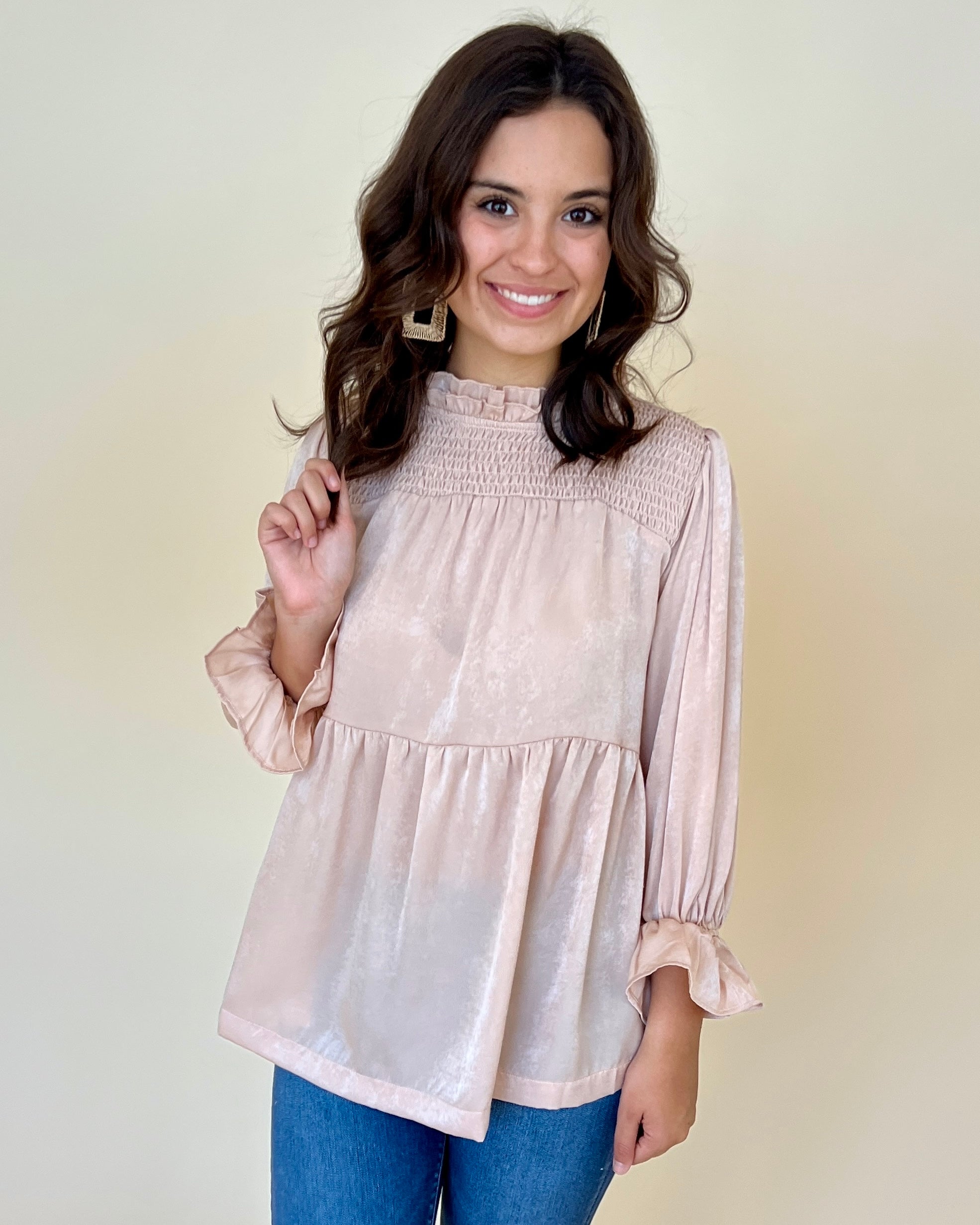 With Me Champagne Satin Smocked Top-Shop-Womens-Boutique-Clothing