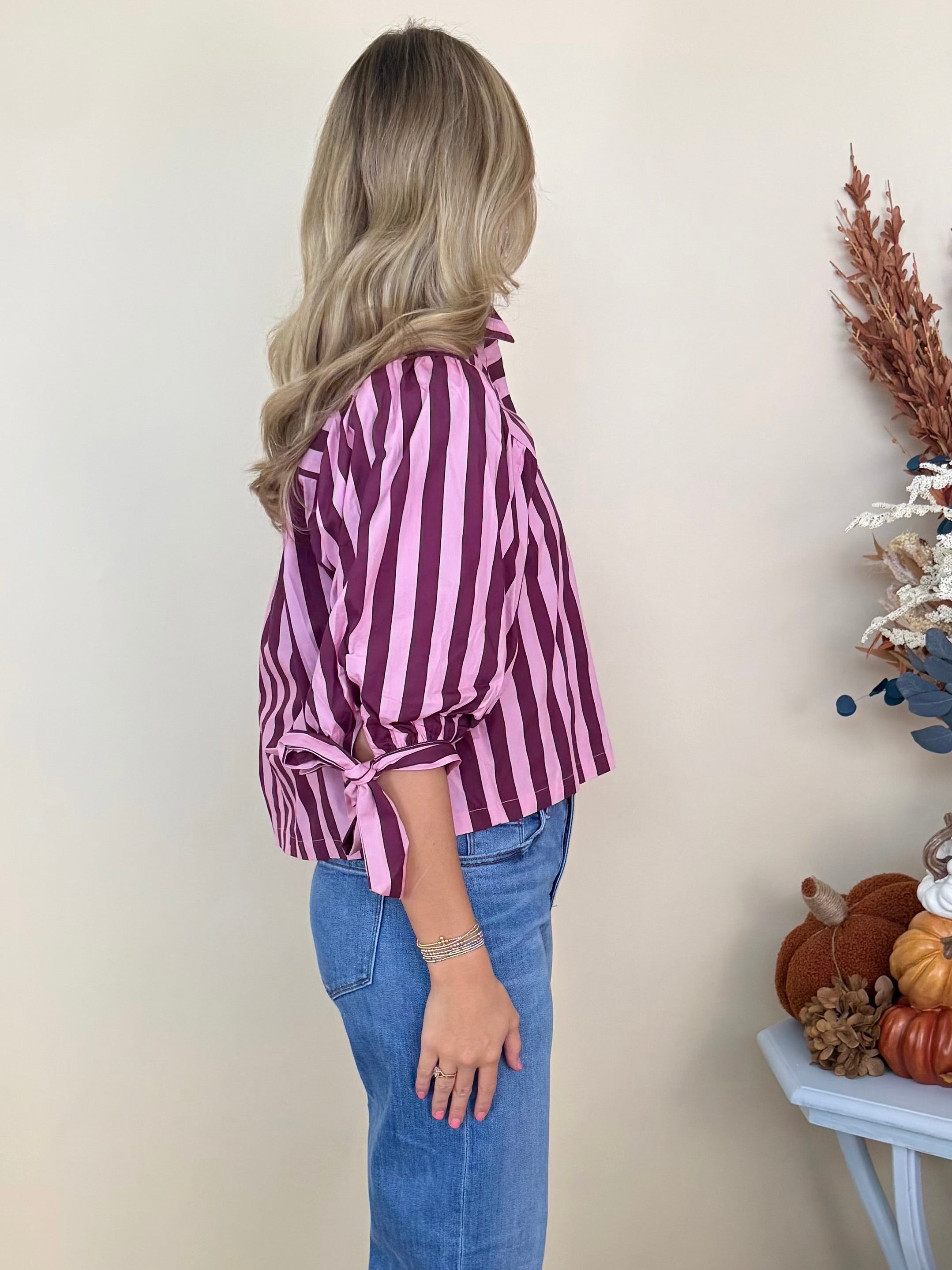 Hello Pumpkin Pink Wine Striped Puff Sleeve Top-Shop-Womens-Boutique-Clothing
