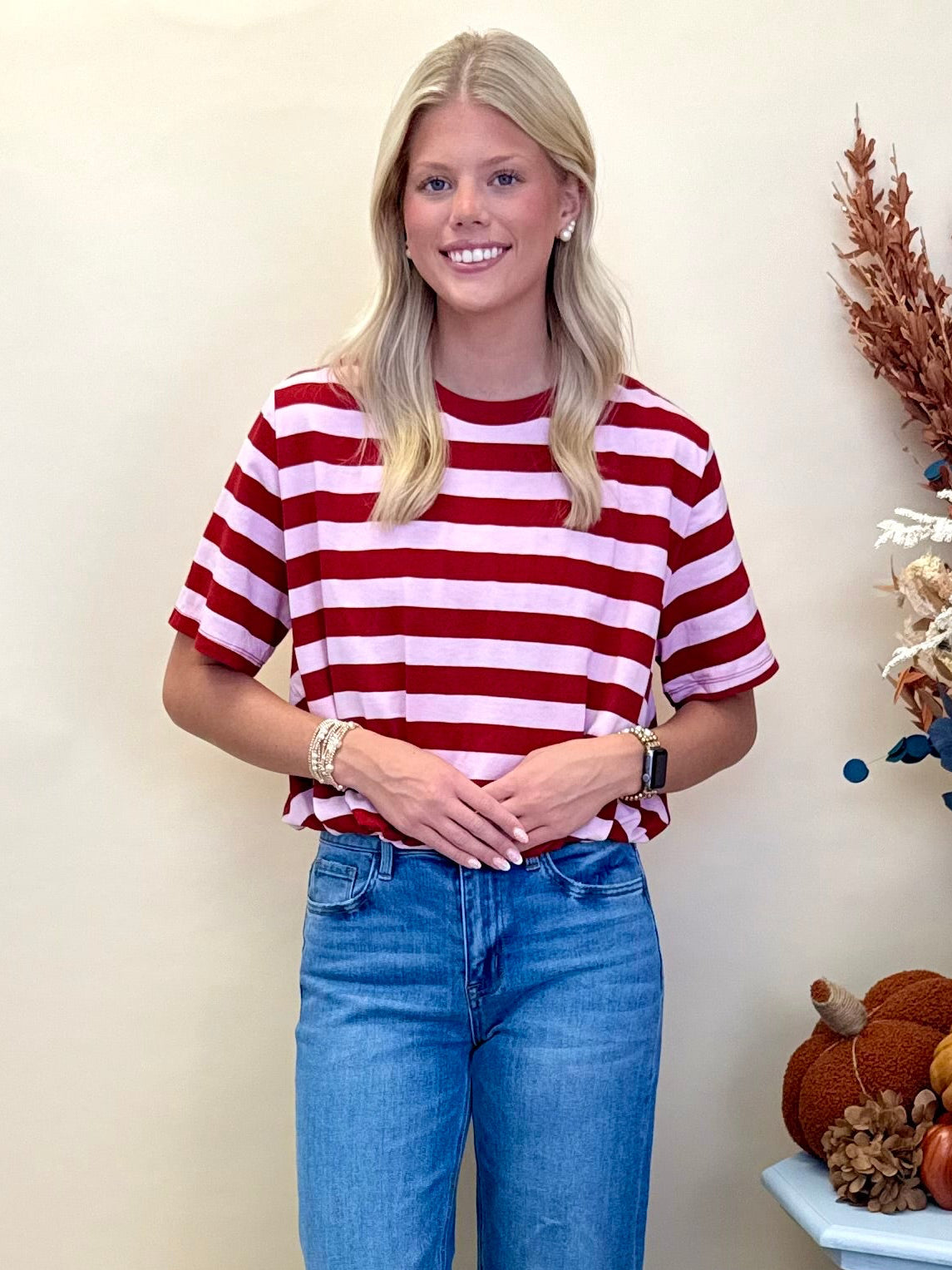 Never Left Red/Pink Striped Cropped Bubble Top-Shop-Womens-Boutique-Clothing
