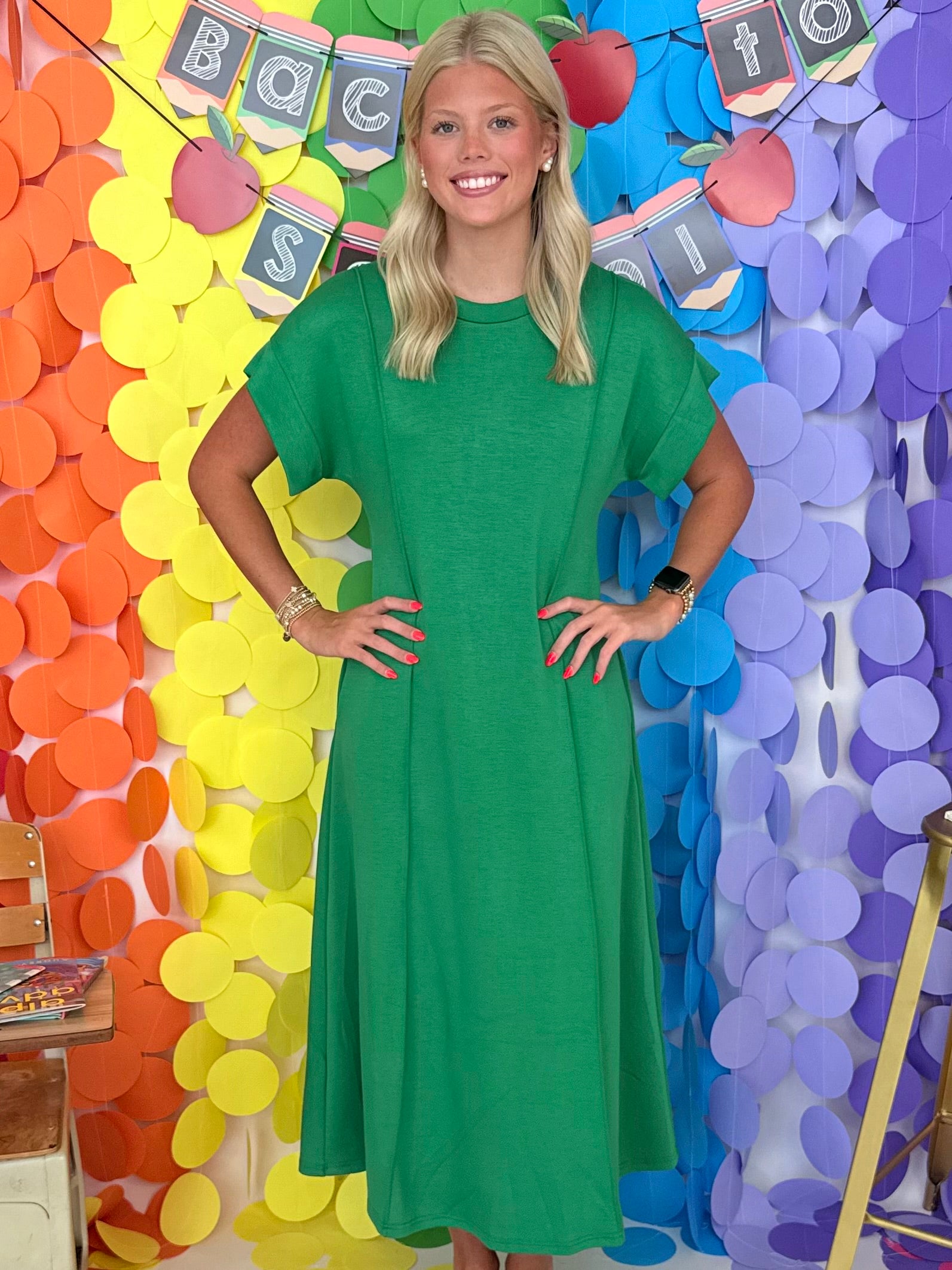 boutique midi dresses After Hours Green Paneled Seam Dress Small Fit Christine is wearing Length:REGULAR - 62