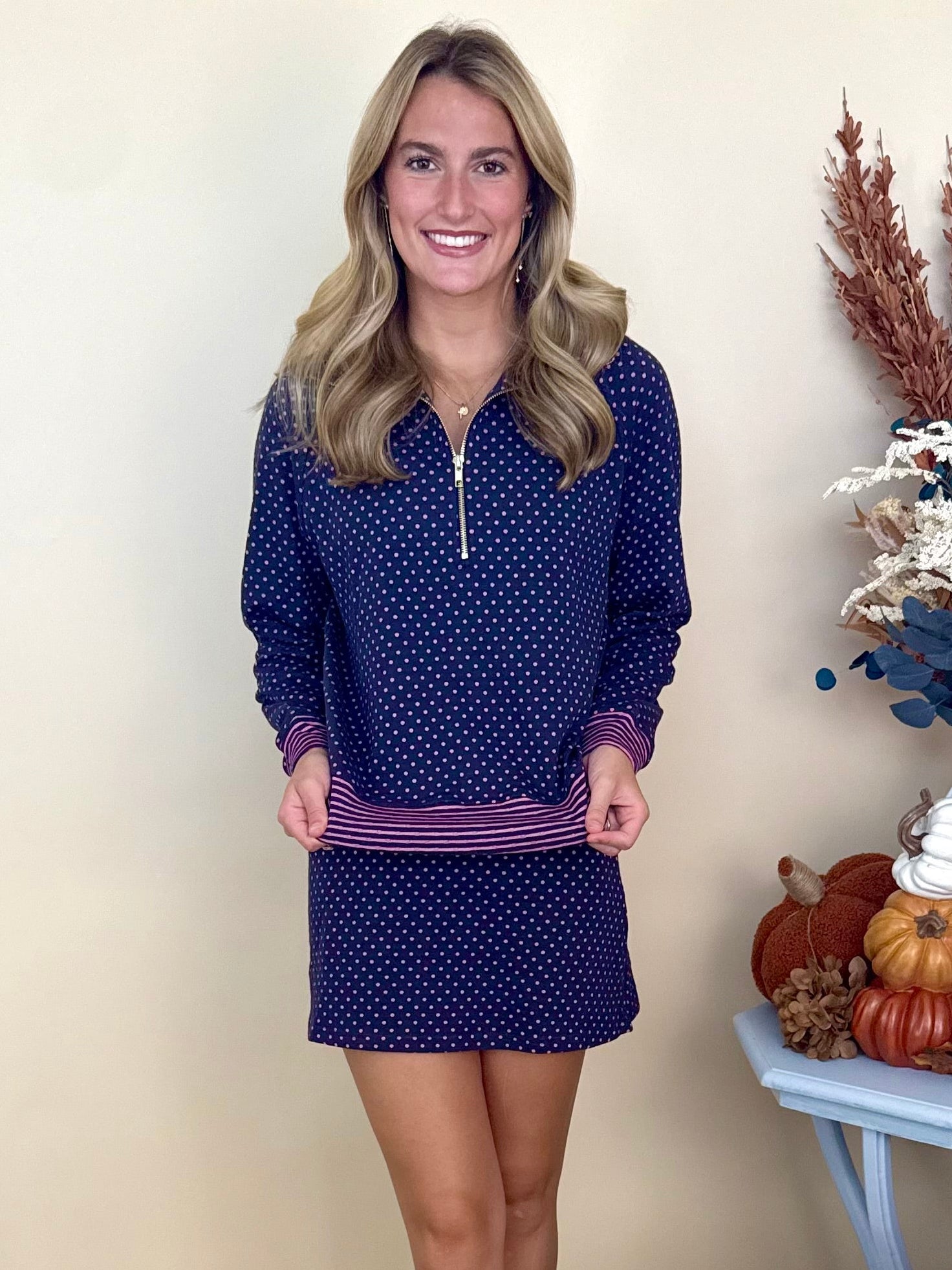 Better Together Navy/Pink Polka Dot Half Zip Stripe Contrast Top-Shop-Womens-Boutique-Clothing