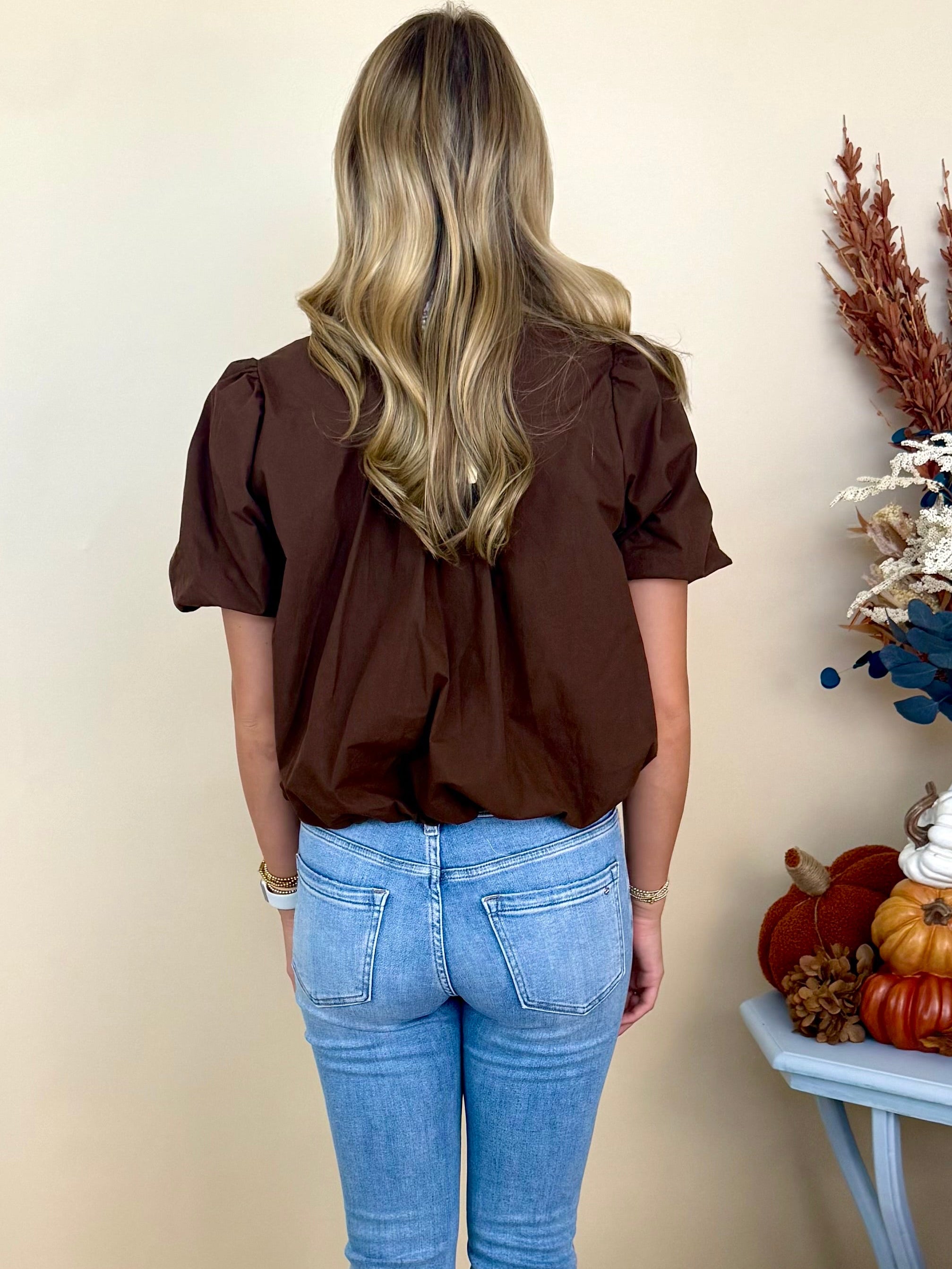 Golden Gathering Brown Bubble Hem Top-Shop-Womens-Boutique-Clothing