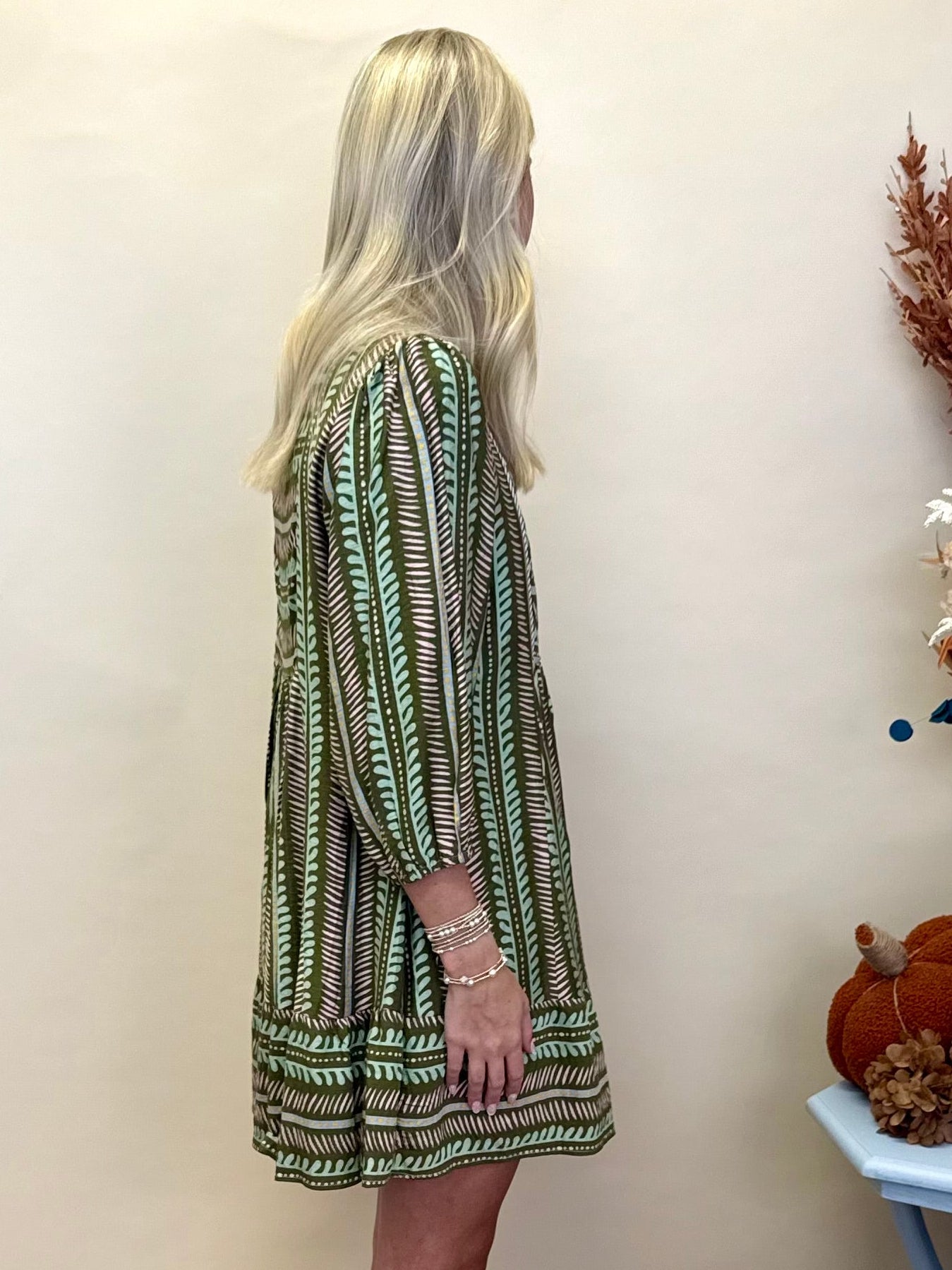 Going Forwards Olive Mix Aztec Babydoll Dress-Shop-Womens-Boutique-Clothing