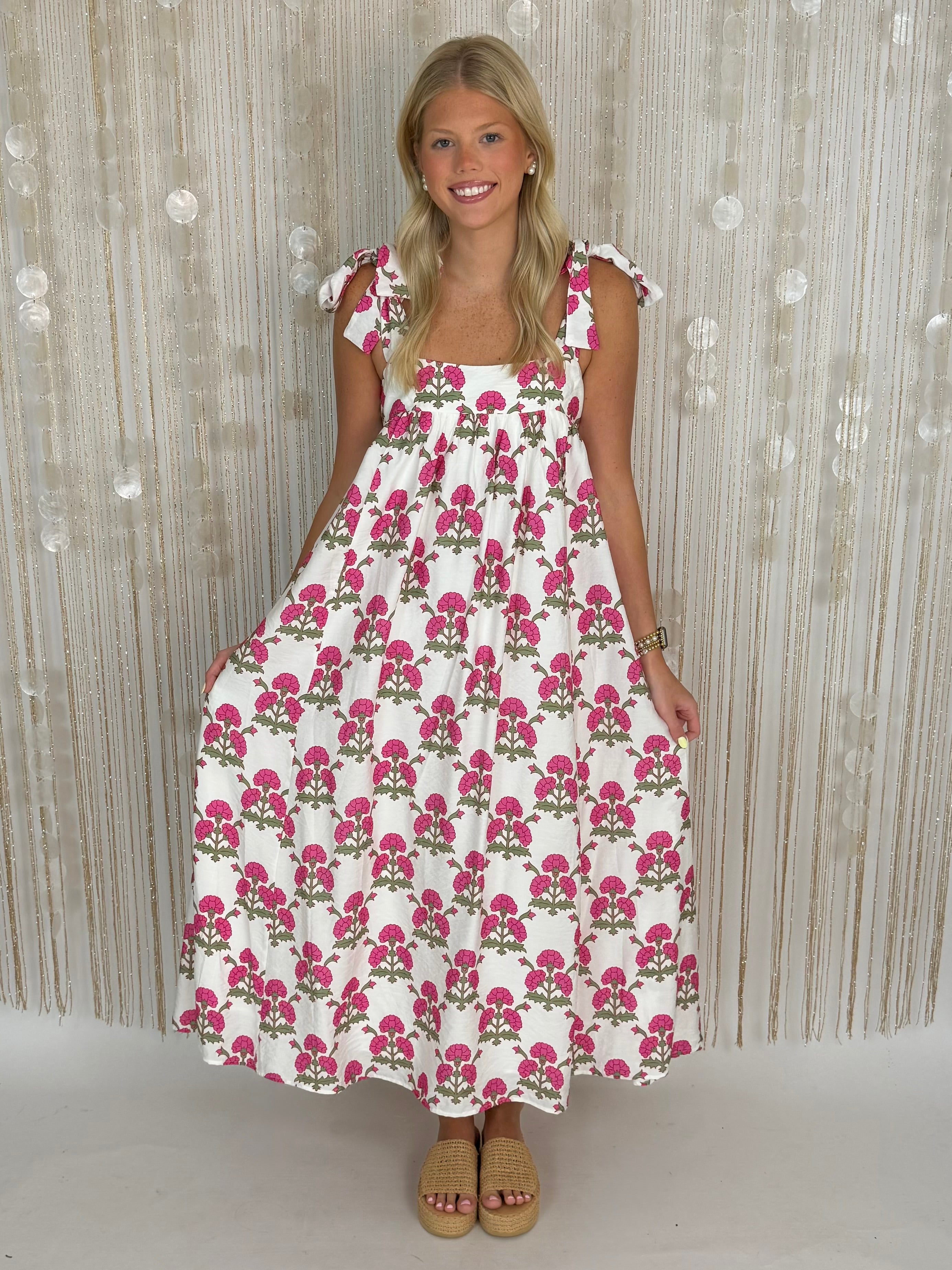 Modern Bloom Cream Floral Smocked Tie Midi Dress-Shop-Womens-Boutique-Clothing