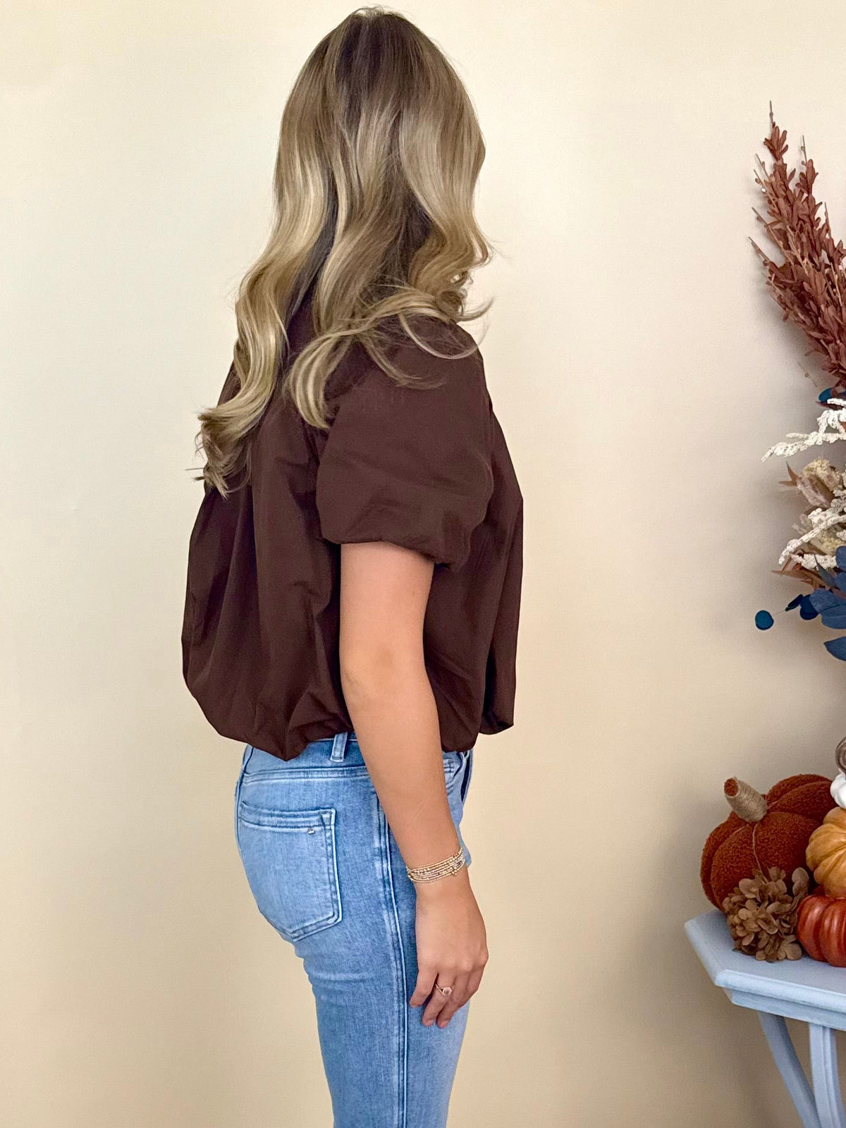 Golden Gathering Brown Bubble Hem Top-Shop-Womens-Boutique-Clothing