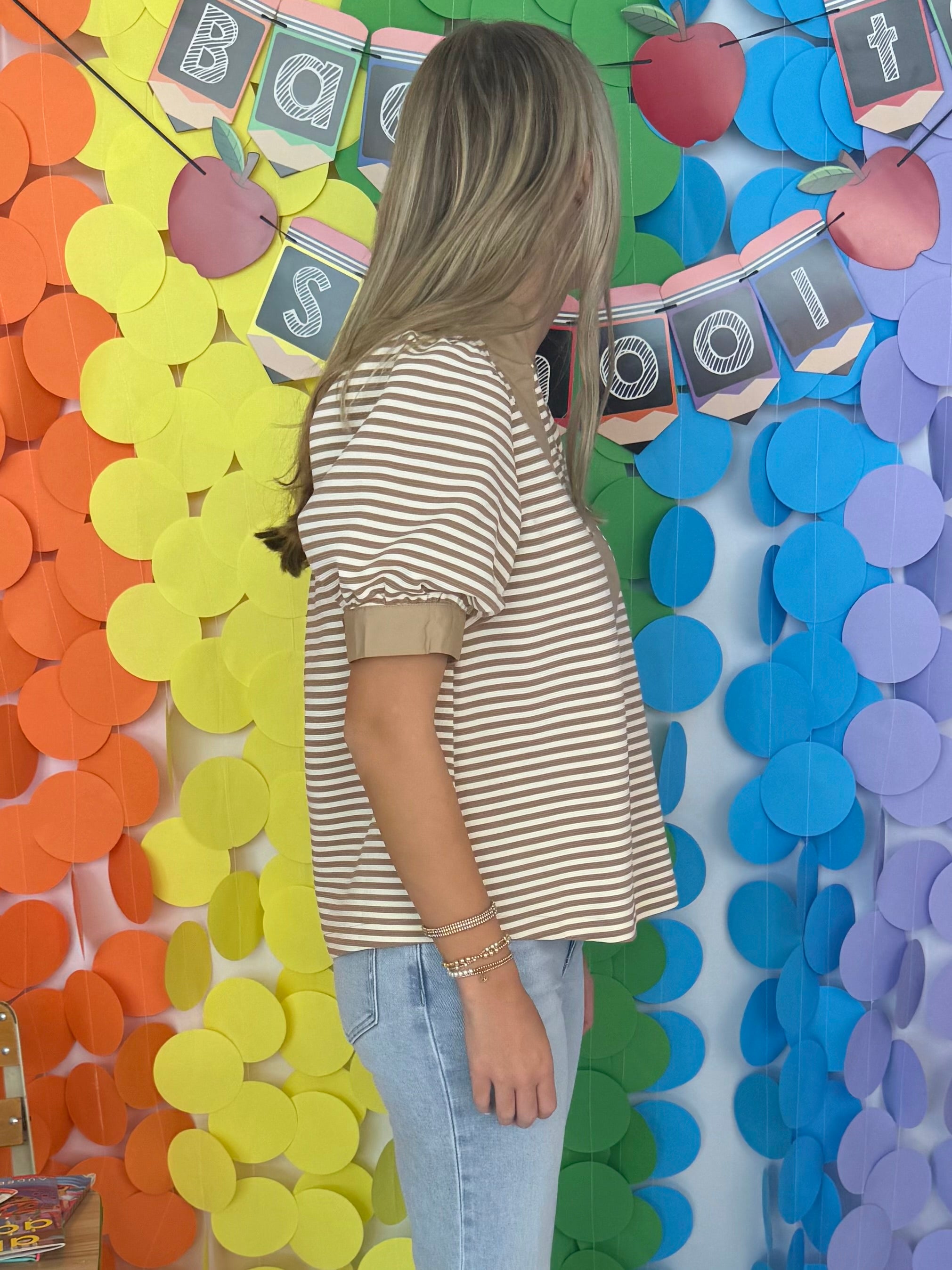 Always In Style Taupe Stripe V Yoke Top-Shop-Womens-Boutique-Clothing