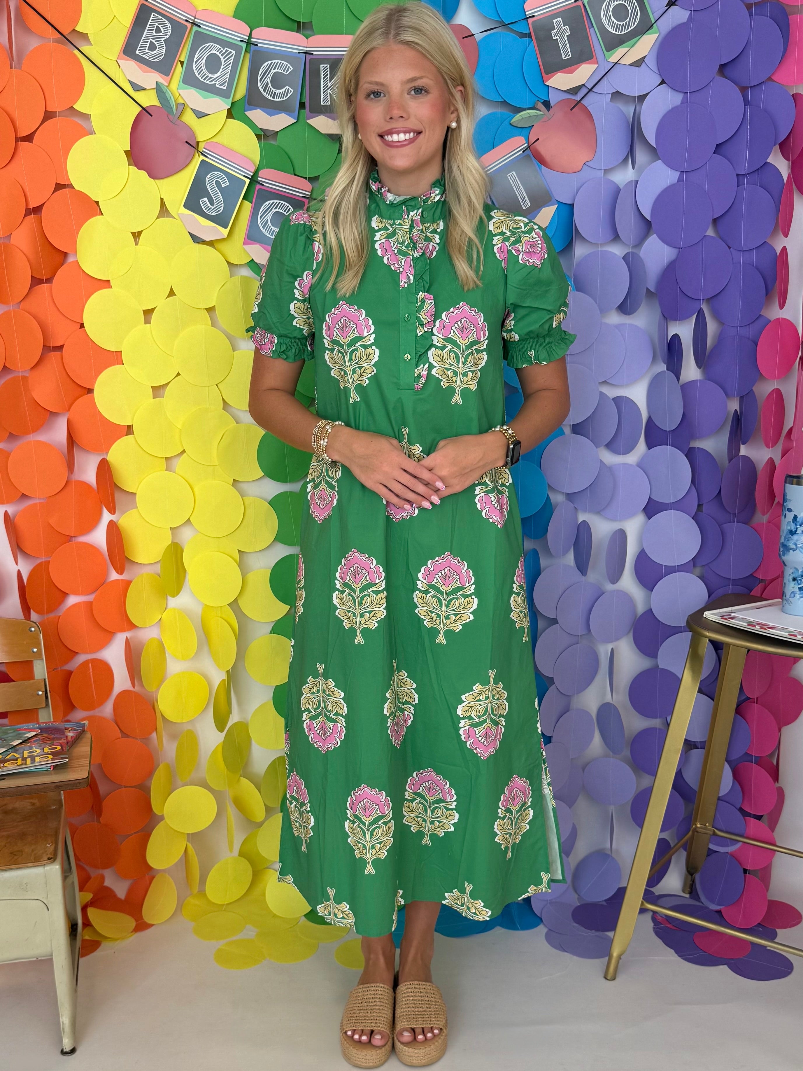 Give You Joy Green Floral Ruffle Button Up Dress-Shop-Womens-Boutique-Clothing
