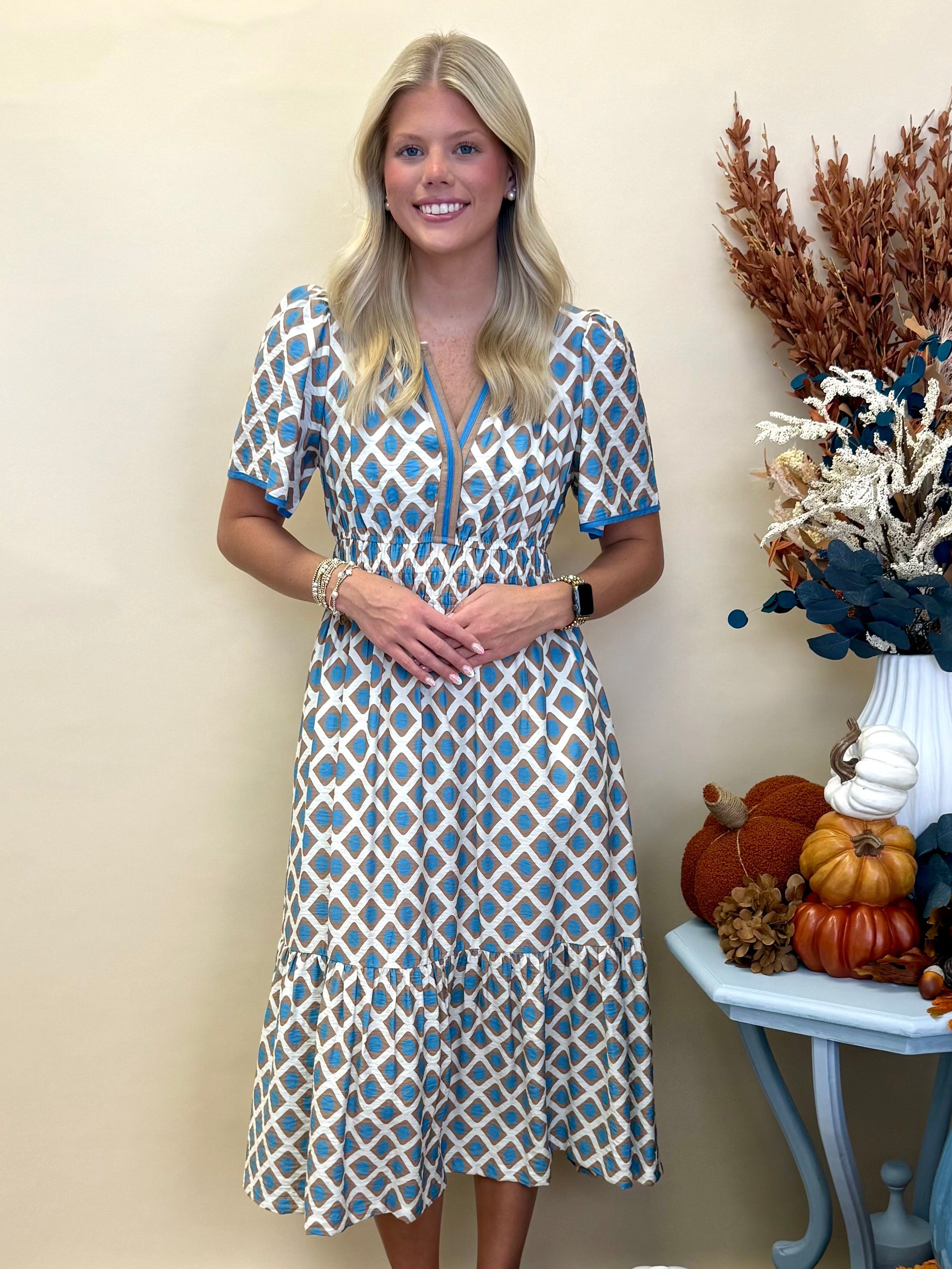 Softly Styled Taupe/Blue Geometric Midi Dress-Shop-Womens-Boutique-Clothing