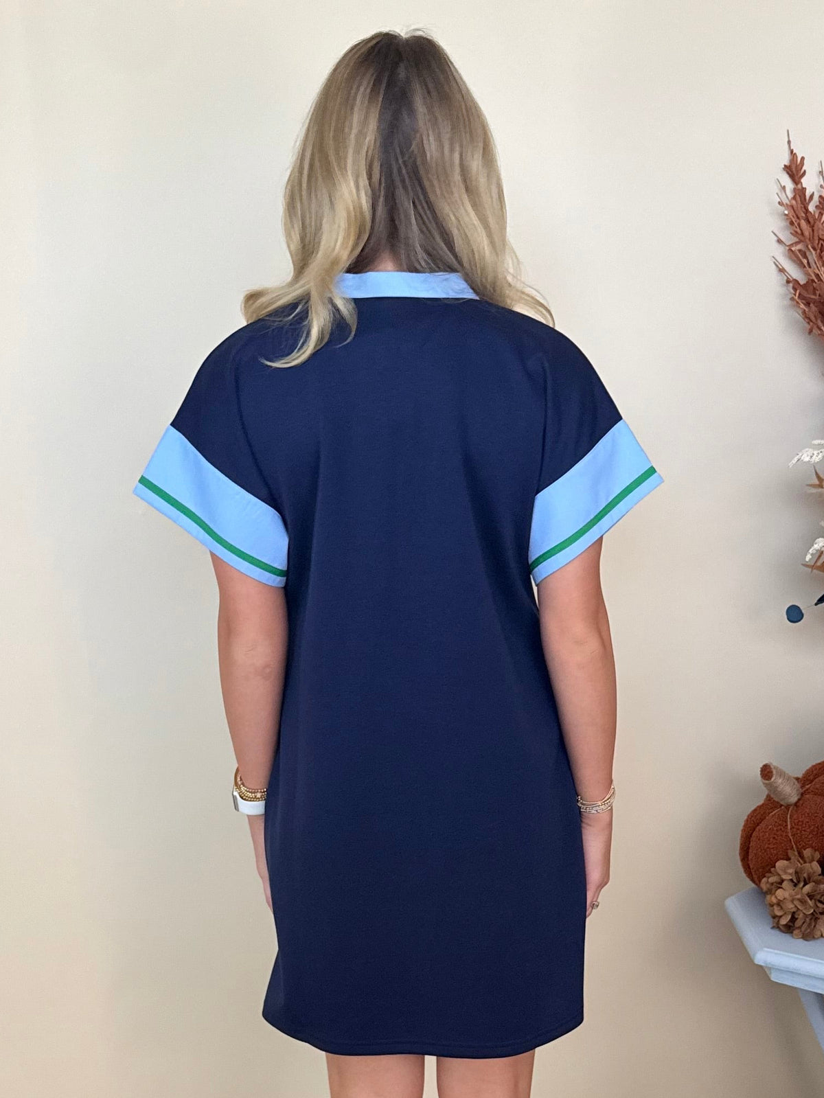 Classy Moment Navy Contrast V-Neck Shift Dress-Shop-Womens-Boutique-Clothing