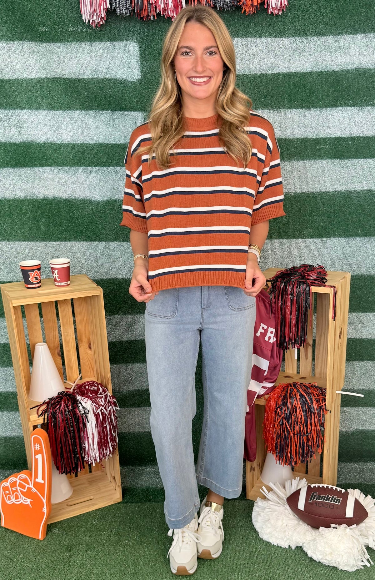 Field Notes Burnt Orange Striped Crew Neck Elbow Sleeve Sweater-Shop-Womens-Boutique-Clothing