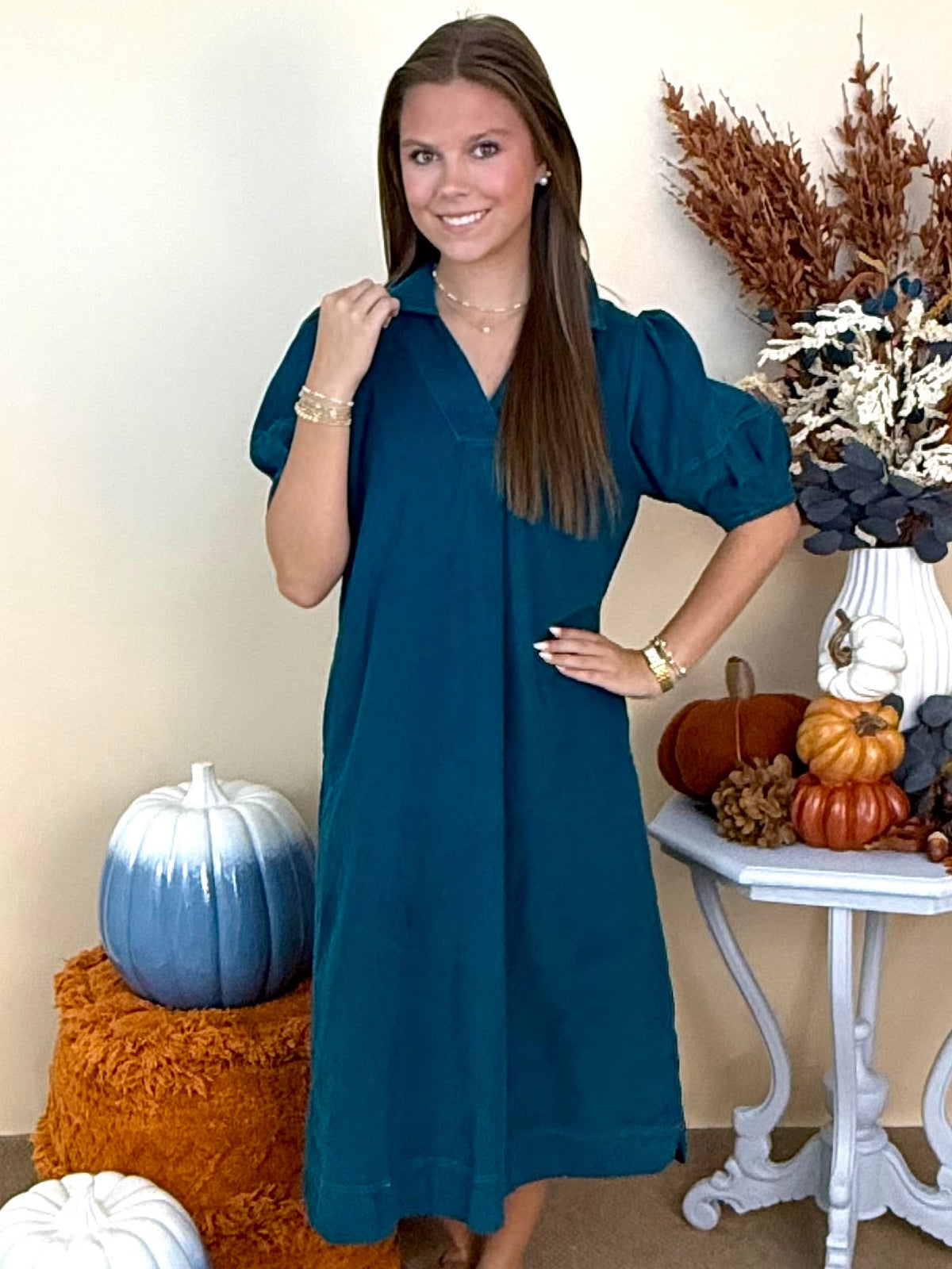 October Mood Teal Collared Corduroy Midi Dress-Shop-Womens-Boutique-Clothing