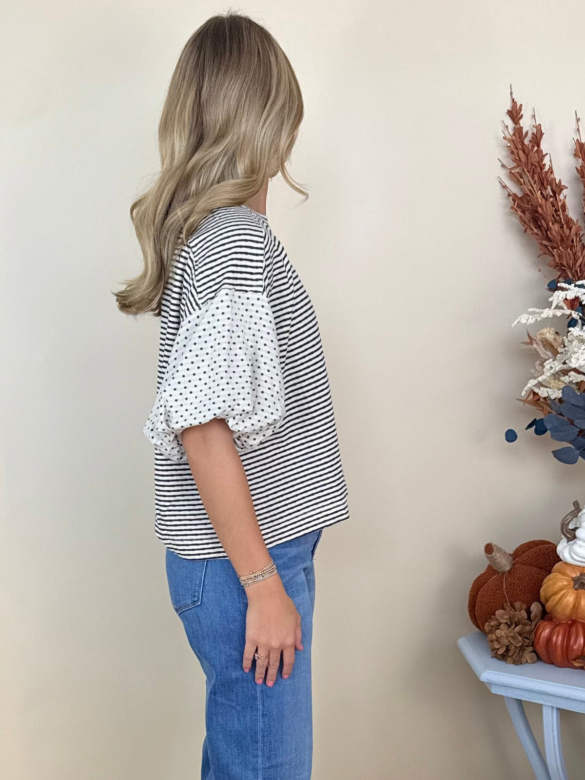 Reach Out Cream/Black Stripe/Polka Dot Bubble Sleeve Top-Shop-Womens-Boutique-Clothing