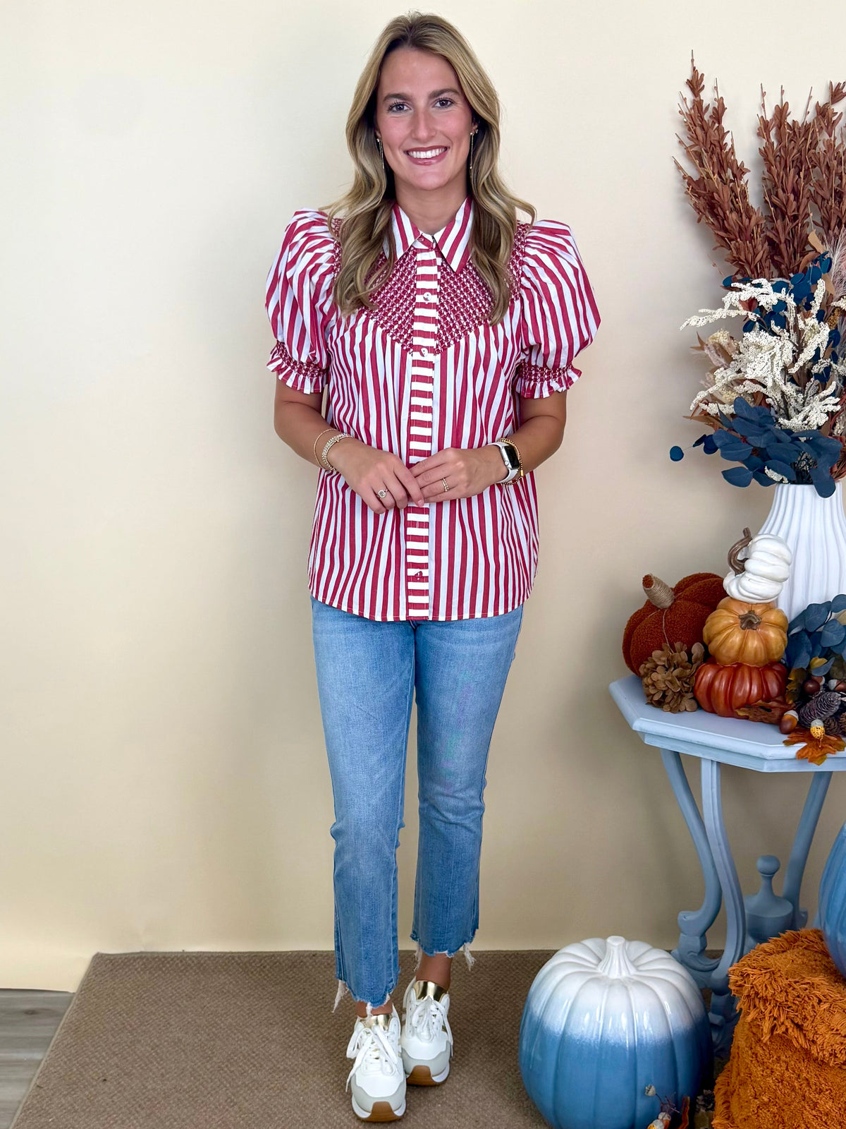 Effortless Energy Red Striped Smocked Top-Shop-Womens-Boutique-Clothing