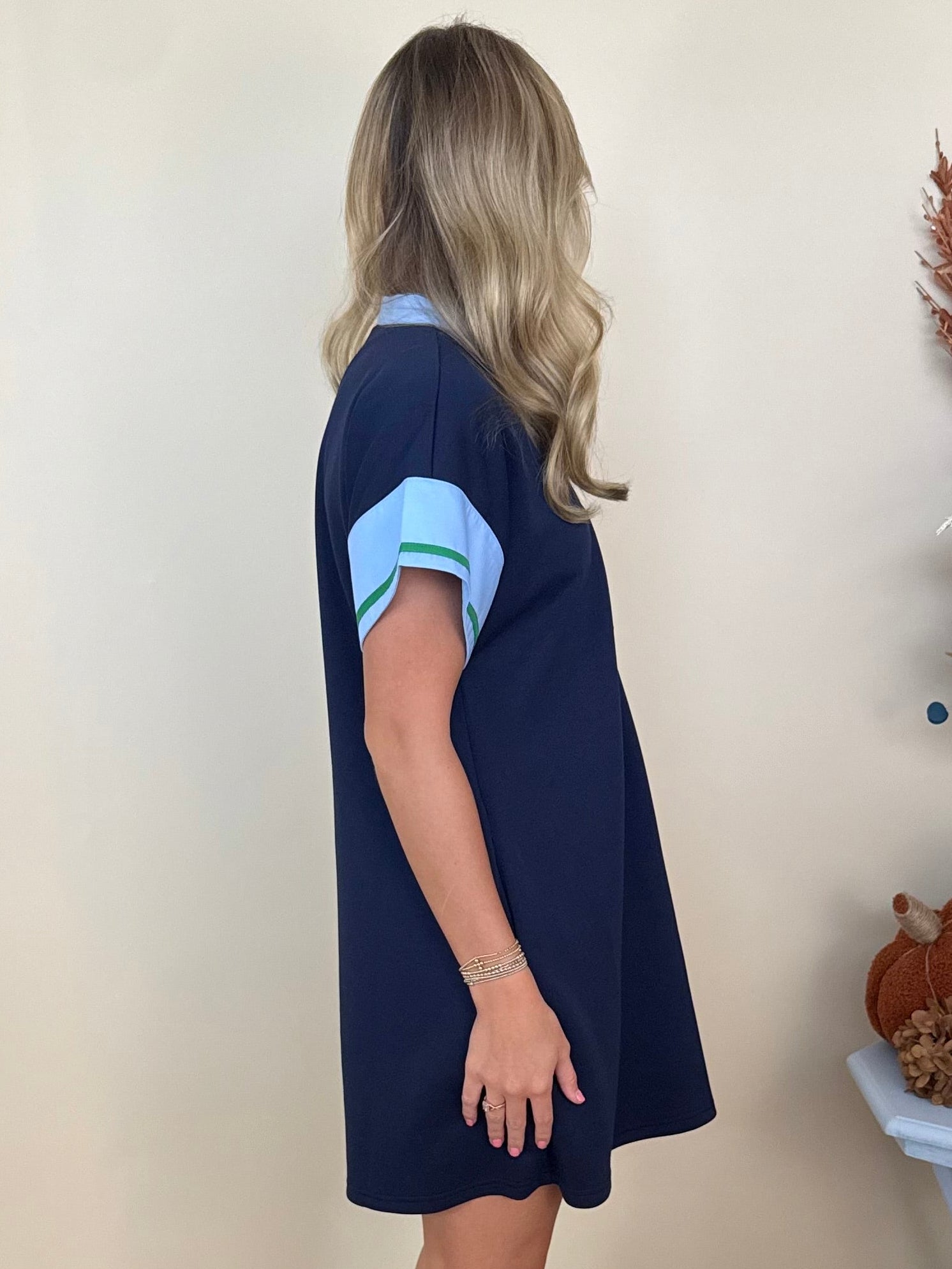 Classy Moment Navy Contrast V-Neck Shift Dress-Shop-Womens-Boutique-Clothing