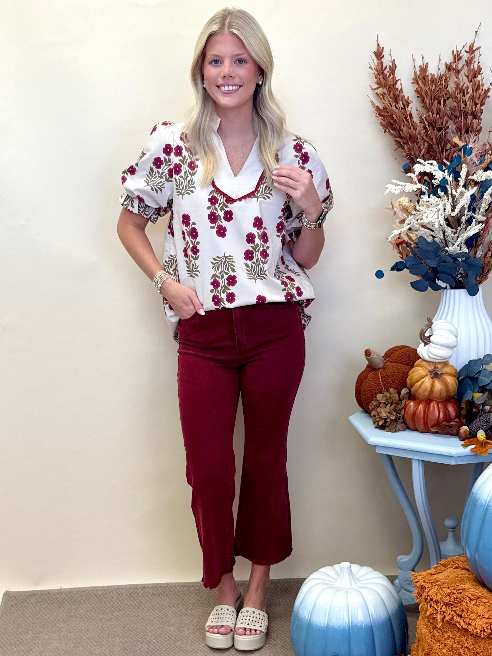 Sweetest Story Red Floral Deep V Neck Top-Shop-Womens-Boutique-Clothing