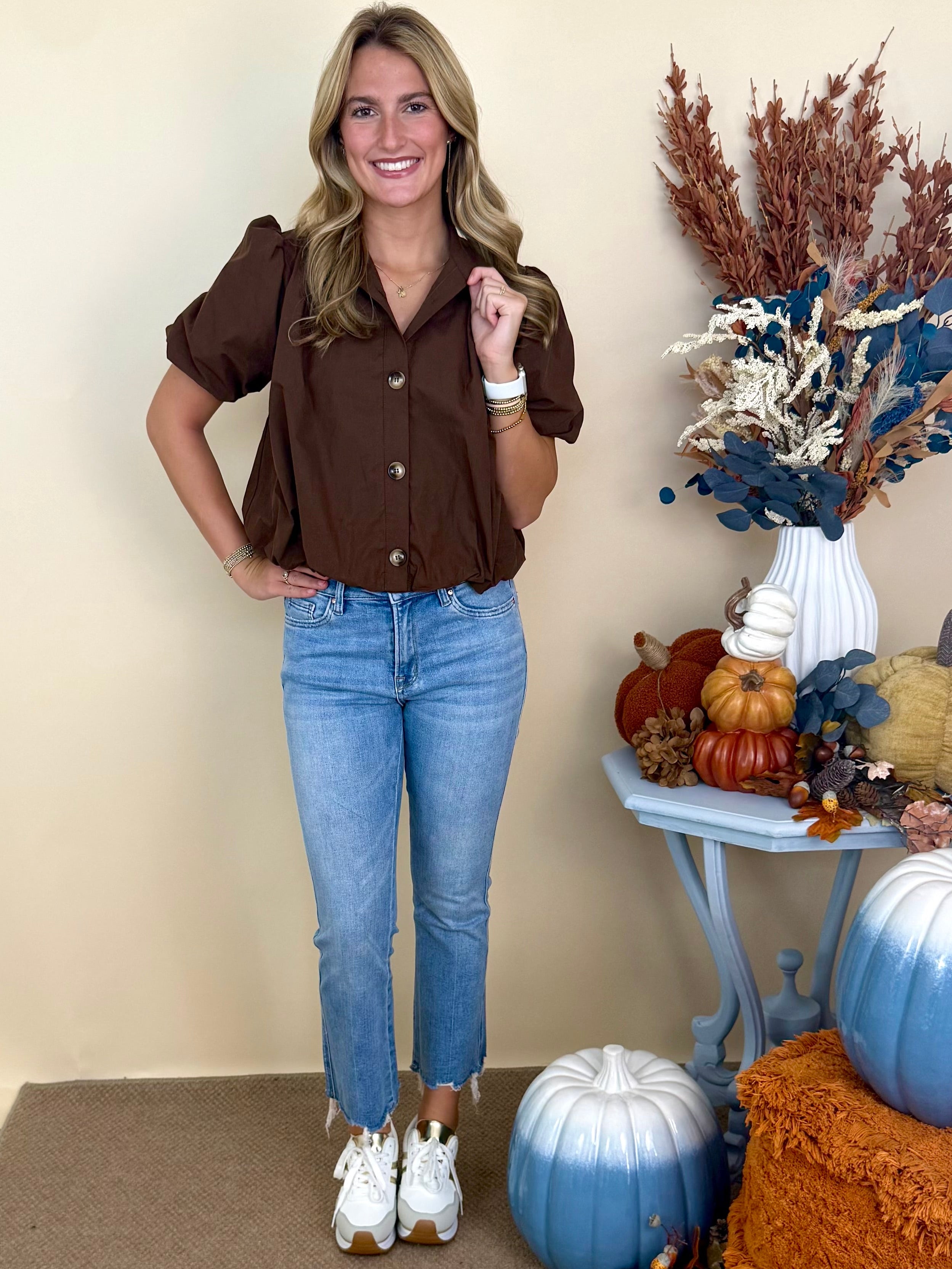 Golden Gathering Brown Bubble Hem Top-Shop-Womens-Boutique-Clothing