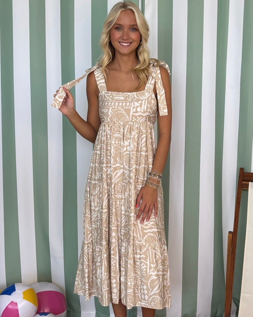 Sunny Days Khaki Sea Print Tie Midi Dress-Shop-Womens-Boutique-Clothing