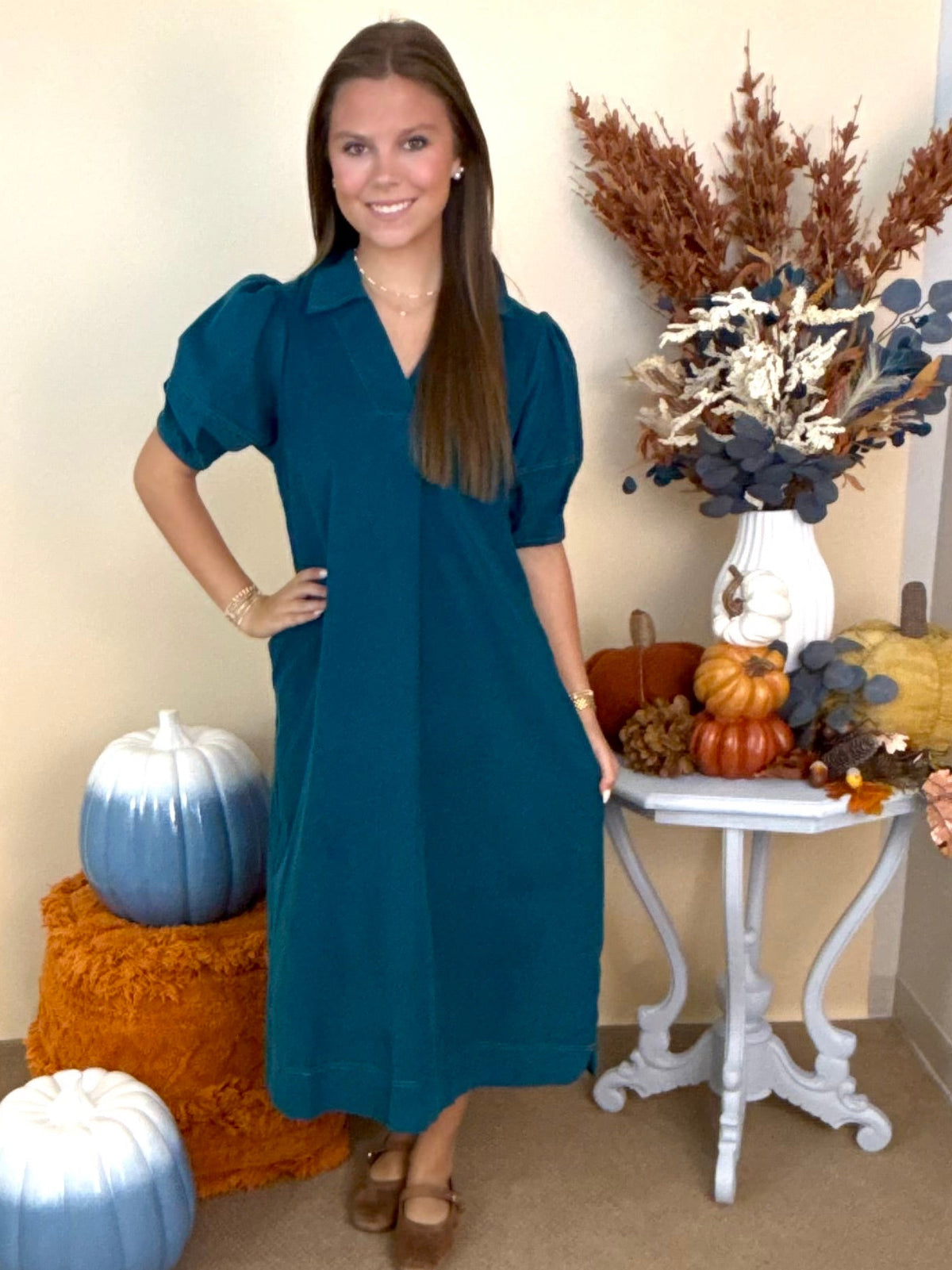 October Mood Teal Collared Corduroy Midi Dress-Shop-Womens-Boutique-Clothing