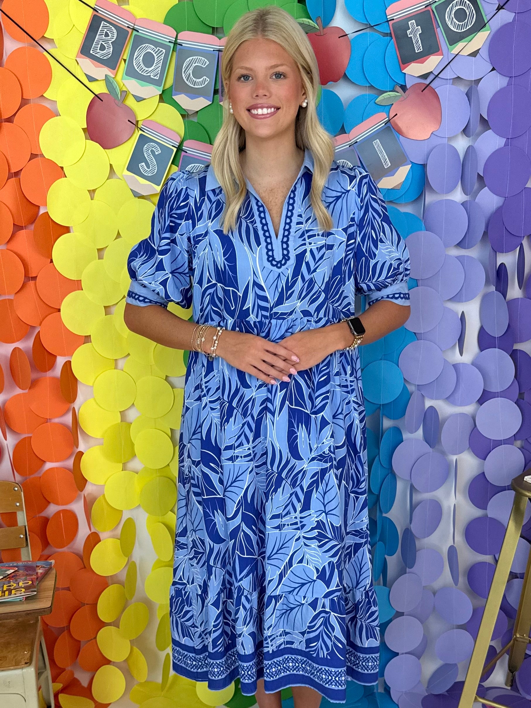 Main Character Blue Leafy Print Midi Dress-Shop-Womens-Boutique-Clothing