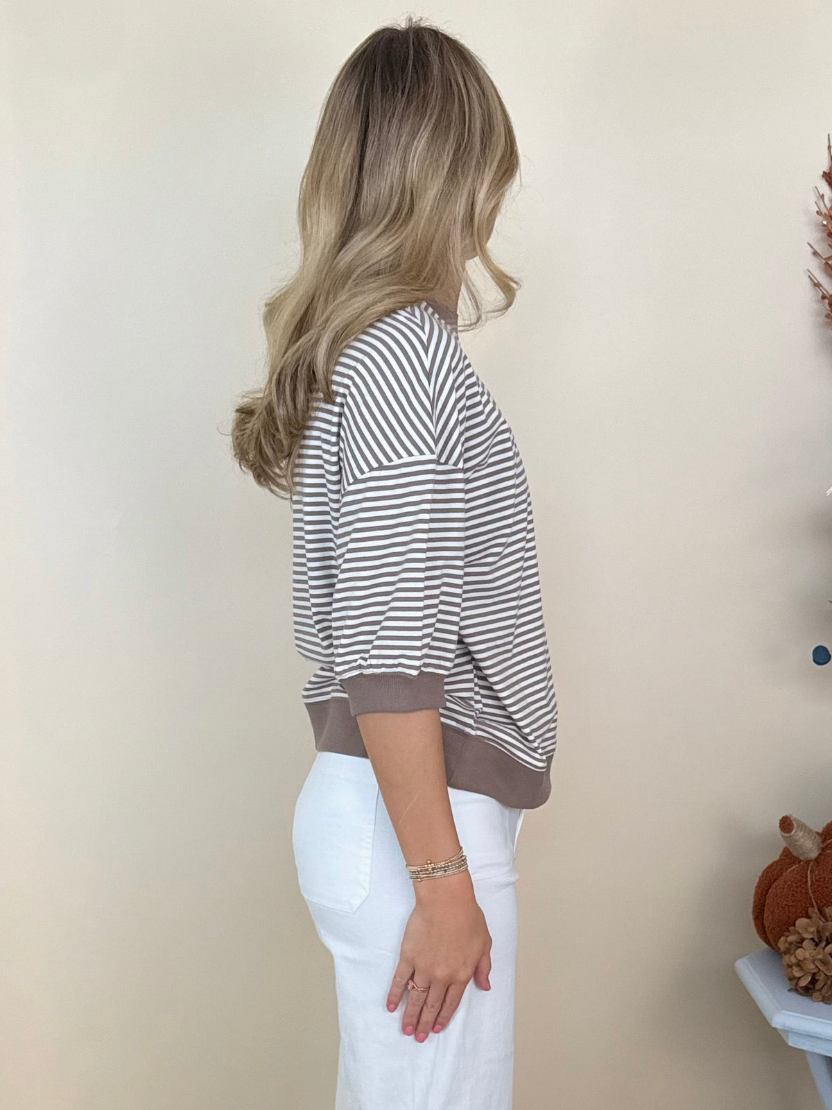 Weekend Wonder Cream/Mocha Striped Contrast Trim Top-Shop-Womens-Boutique-Clothing