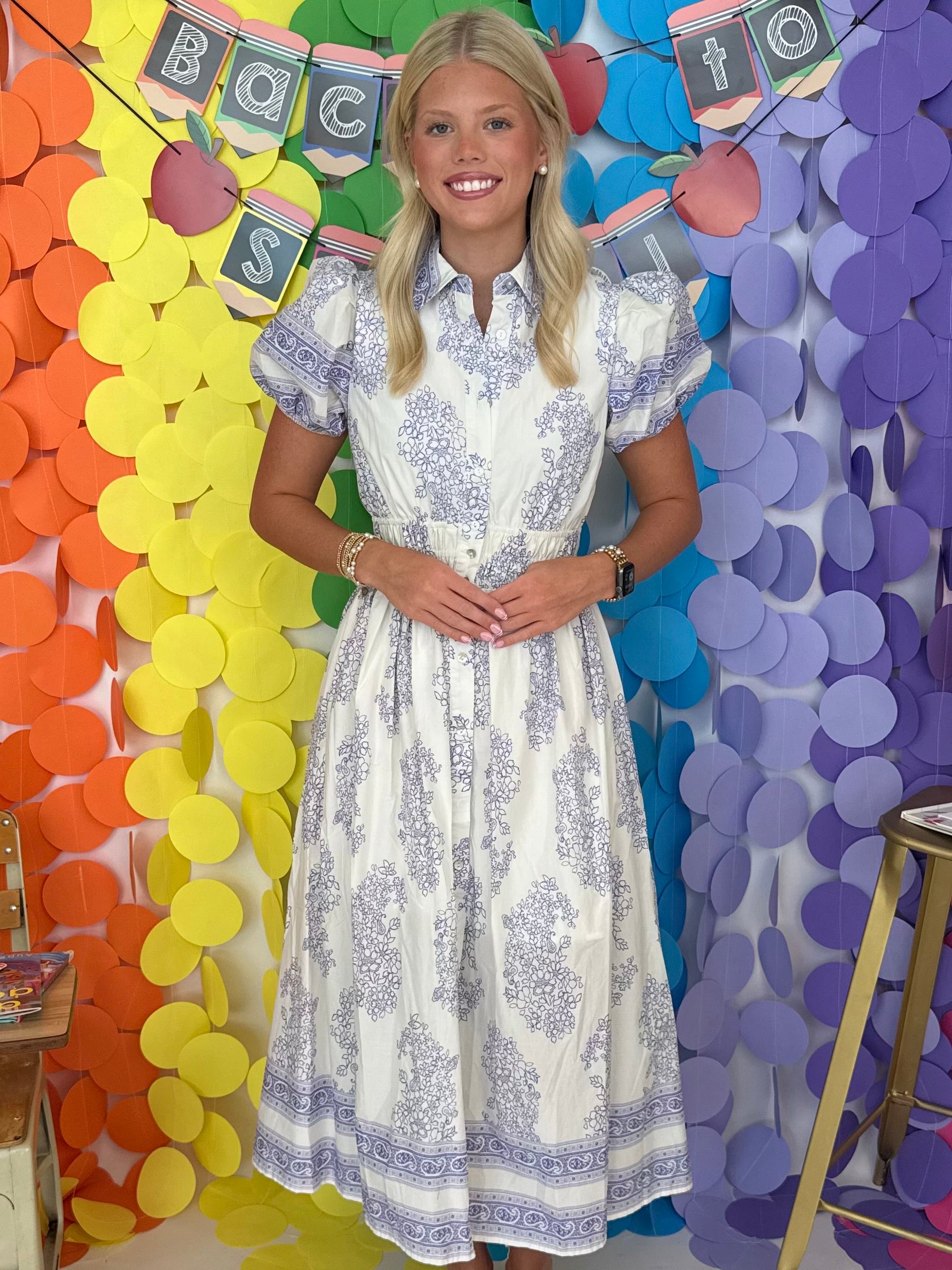 Sweetest Occasion Blue Botanical Puff Sleeve Midi Dress-Shop-Womens-Boutique-Clothing