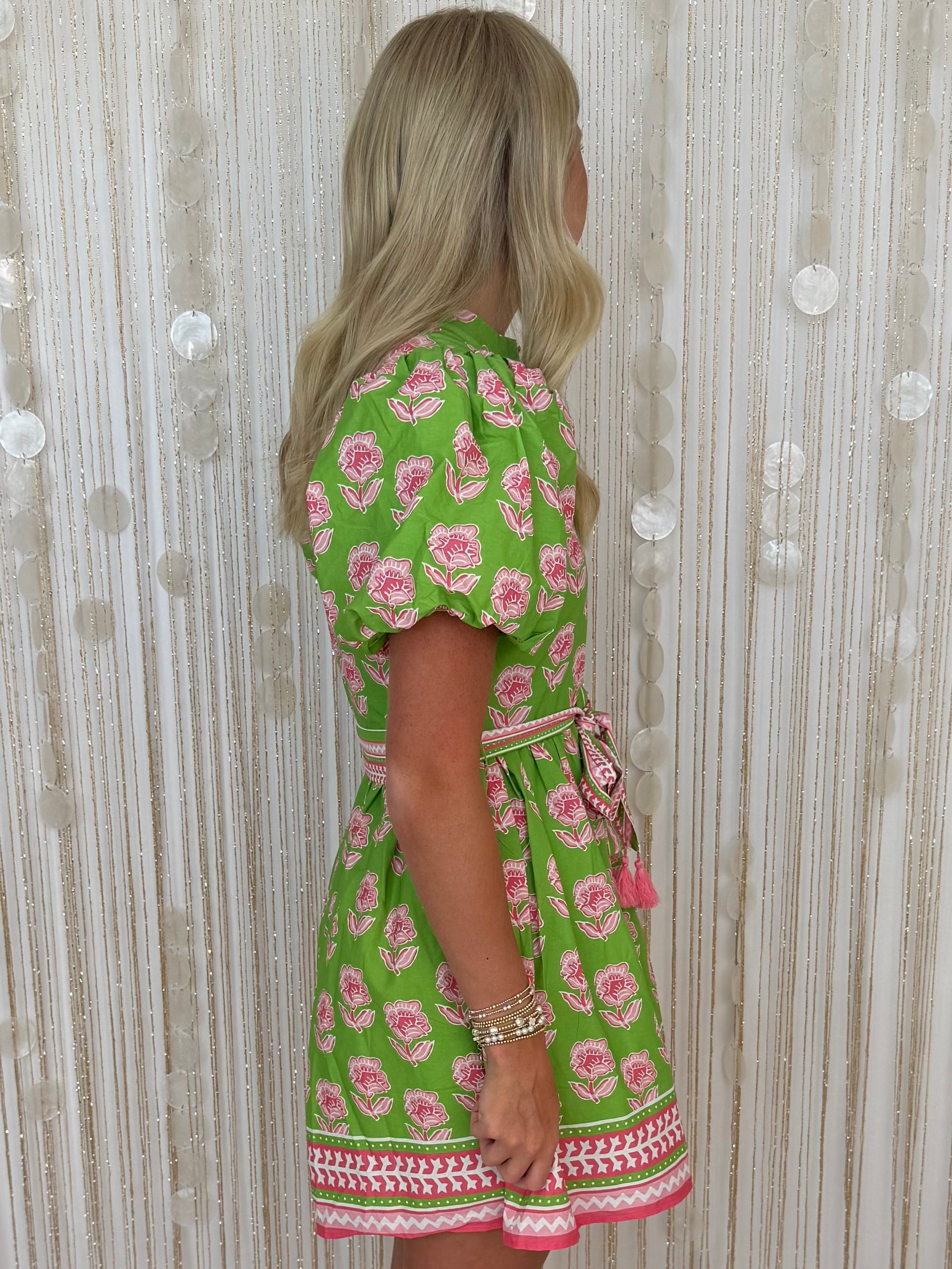 Great Escape Green Floral Print Tie Waist Dress-Shop-Womens-Boutique-Clothing