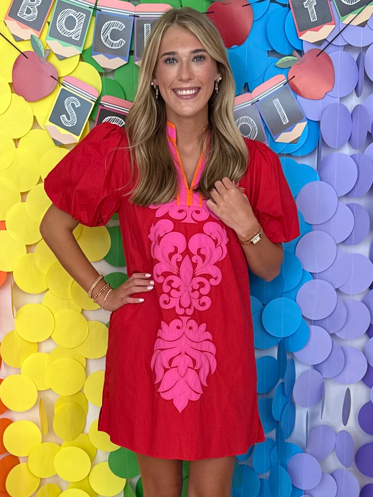 Botanical Breeze Red Baroque Applique V-Neck Dress-Shop-Womens-Boutique-Clothing