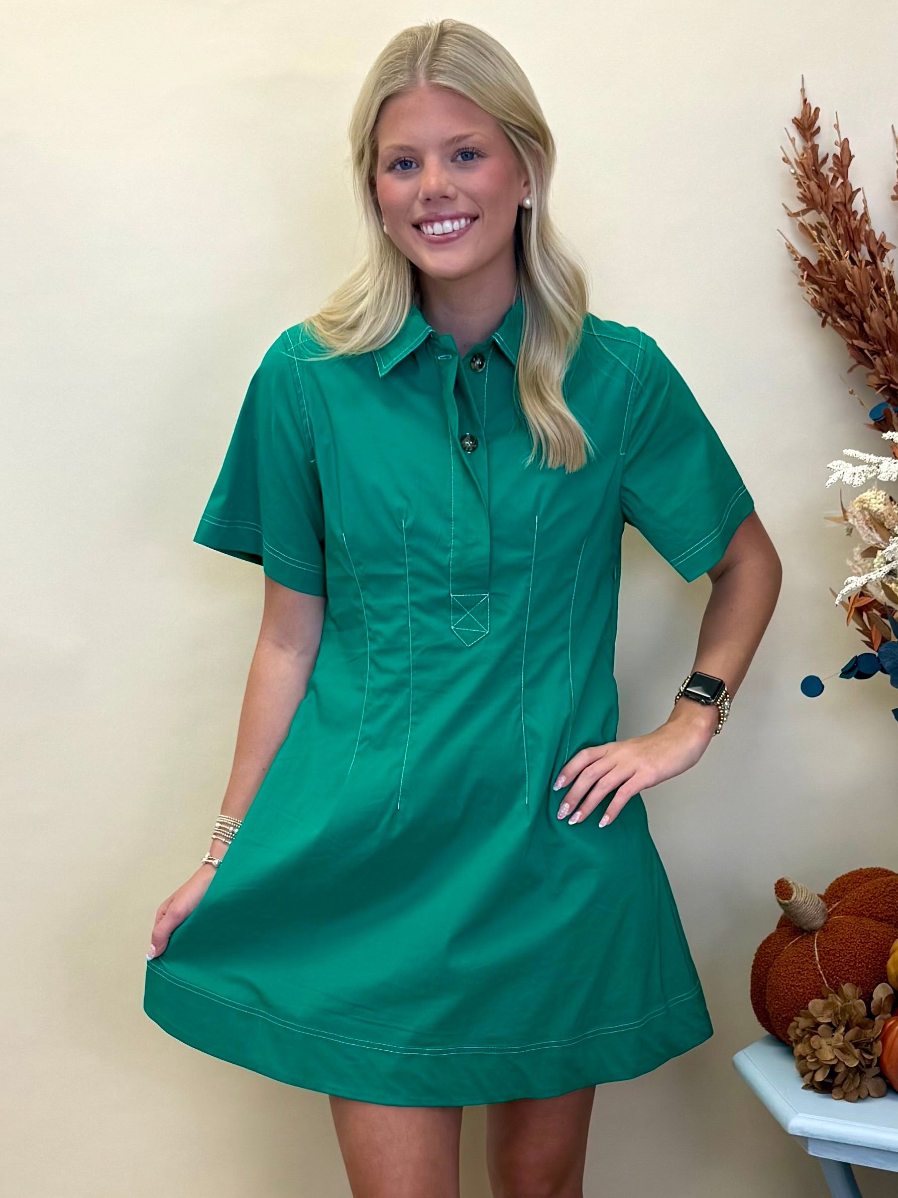 Sunset Time Green Front Placket Dress-Shop-Womens-Boutique-Clothing