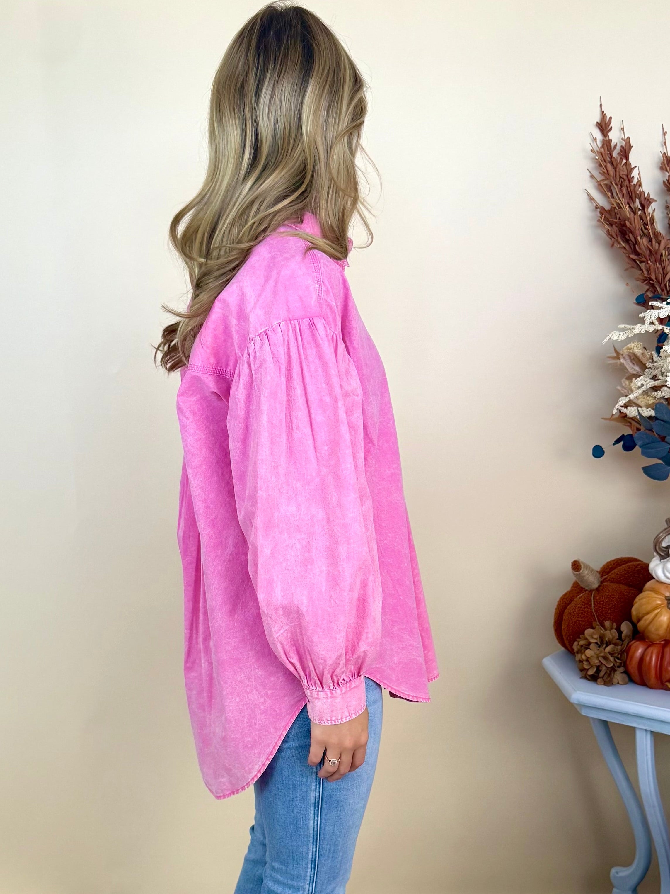 Electric Romance Pink Drop Shoulder Button Down Top-Shop-Womens-Boutique-Clothing